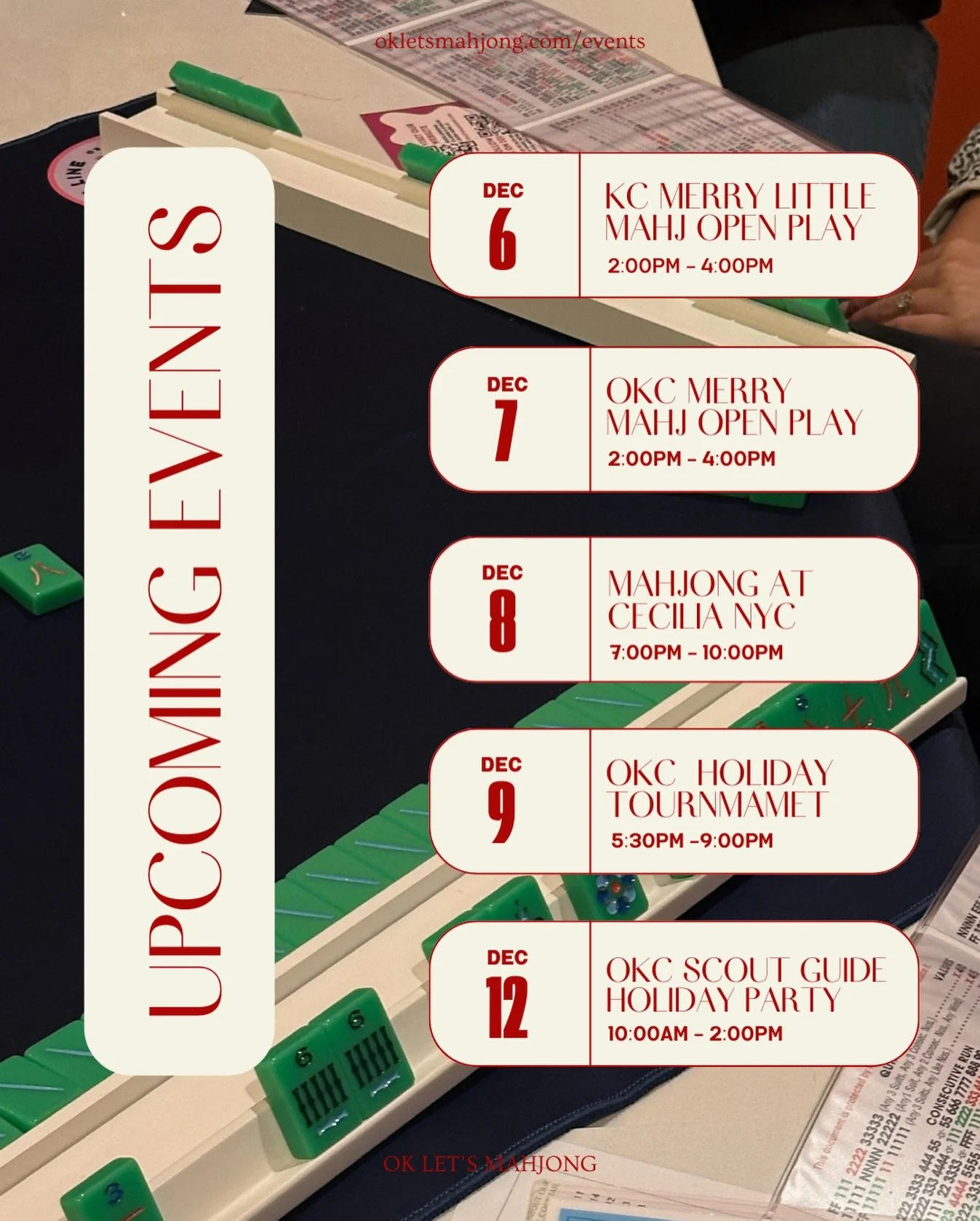 Mahj with us this month! 🀄️🎄✨

Before the holiday chaos hits, take a few hours to yourself and come get your Mahj on. 

KC, OKC, NYC &mdash; we&rsquo;ll see you at the table! Save your spots at okletsmahjong.com/events ❣️