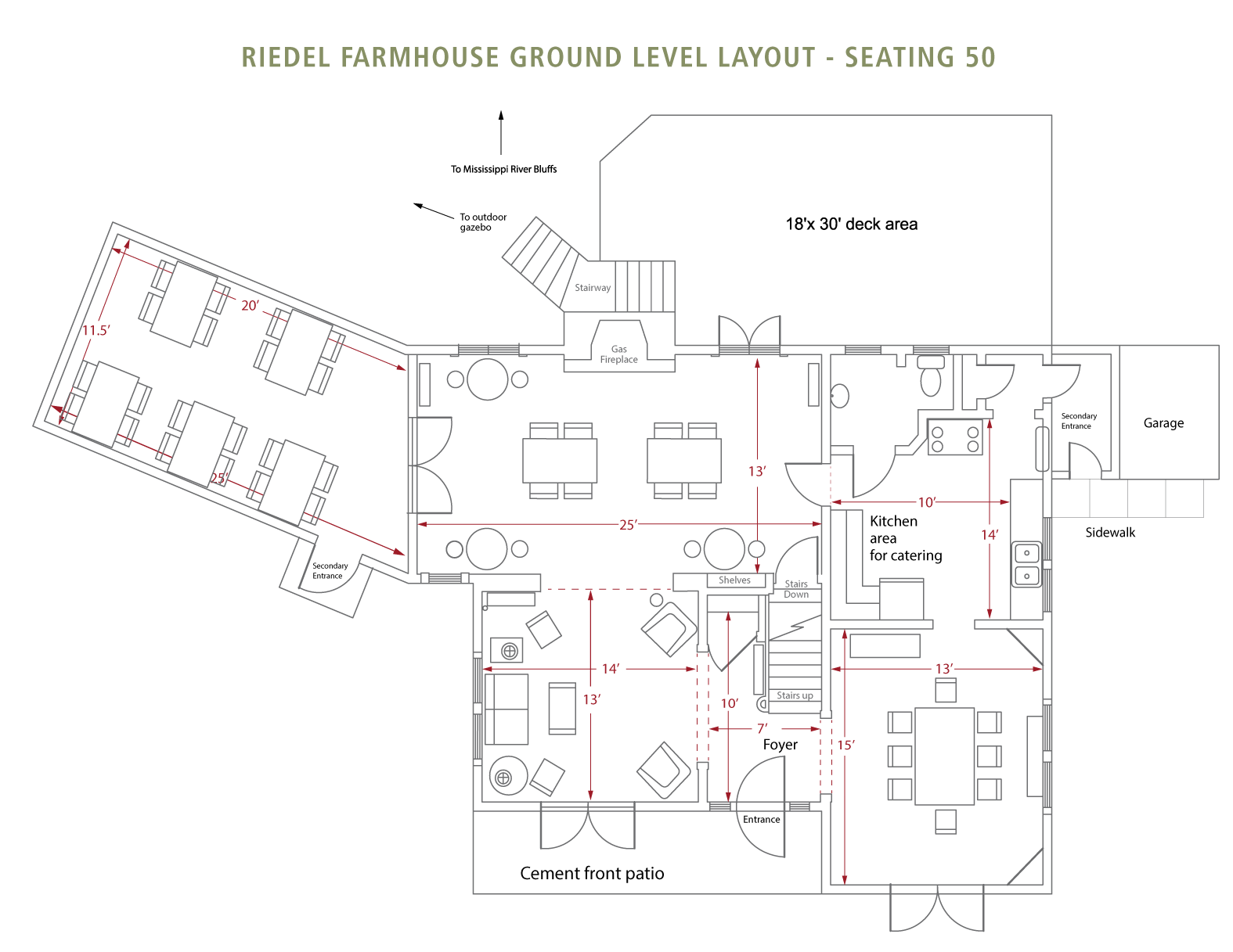A sketch layout of the inside of Riedel Farmhouse. The sketch shows seven rectangle tables and three high top circle tables for seating in the fireplace room and sun room. Then it also shows a bathroom, kitchen, dining room, and living room.