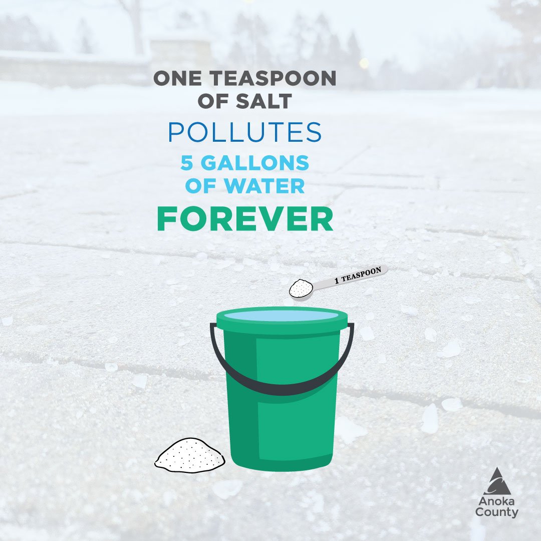 ⚠️ Why is reducing salt use so important? One teaspoon of salt pollutes five gallons of water forever.

Approximately 50 Minnesota waterbodies already have dangerous chloride levels according to the Minnesota Pollution Control Agency. Once its in our