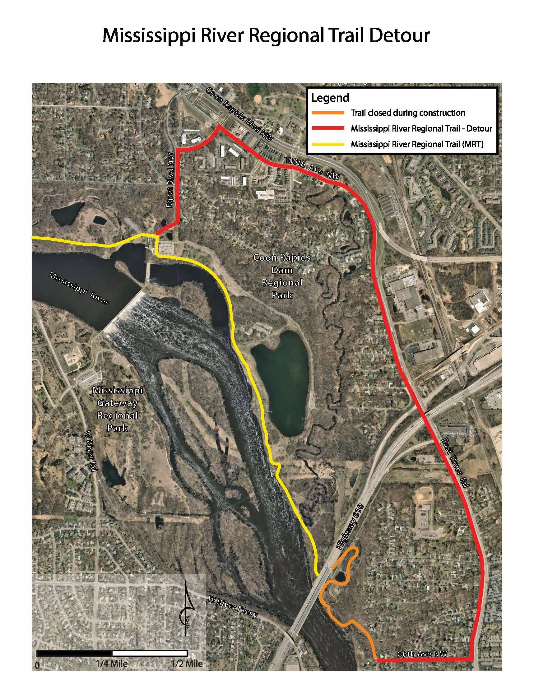 Map of the Mississippi River Regional Trail below Highway 610 for a detour route that will make it's way up along Coon Rapids Blvd. The detour will begin in early June 2026 and last for approximately six weeks.