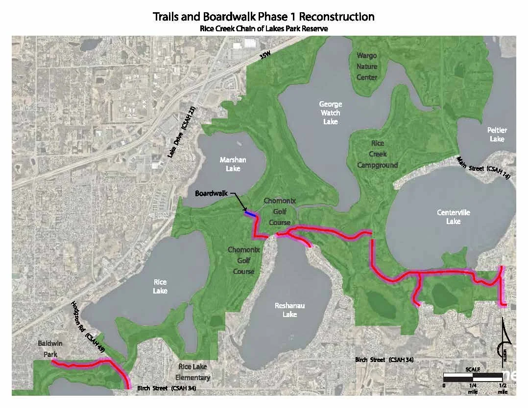 Map of phase 1 of the trails and boardwalk reconstruction at Rice Creek Chain of Lakes Park Reserve
