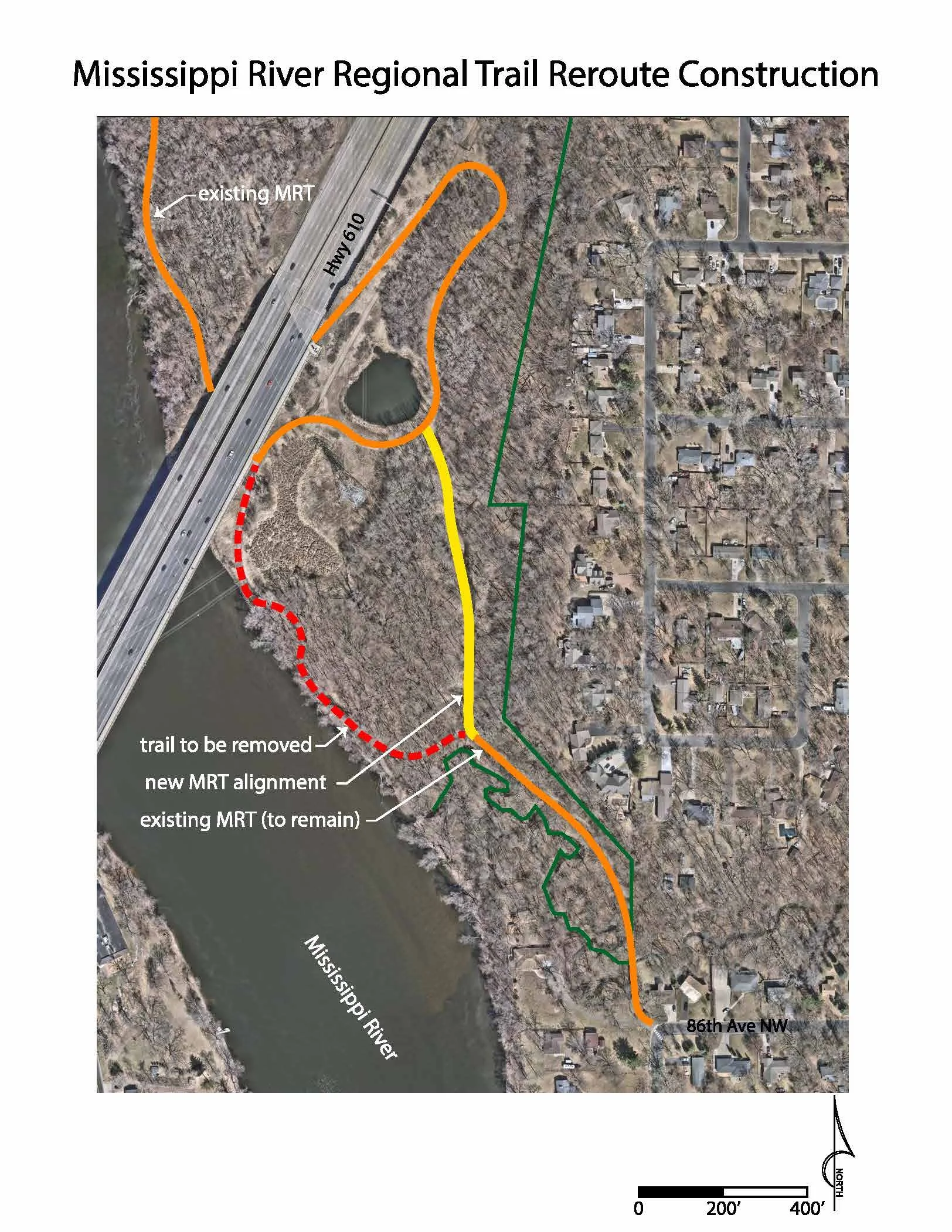 Map showing the new Mississippi River Regional Trail alignment to be further away from the river and out of the floodplain.
