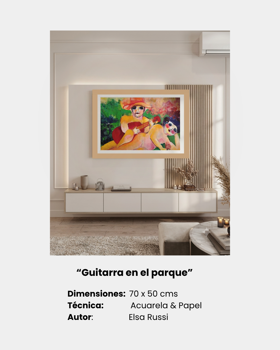 “Guitarra en el parque”
Dimensiones:  70 x 50 cms
Técnica:               Acuarela & Papel
Autor:                Elsa Russi