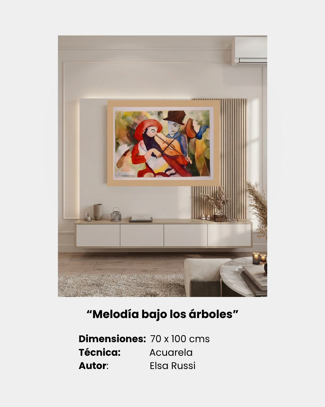 “Melodía bajo los árboles”
Dimensiones:  70 x 100 cms
Técnica:              Acuarela
Autor:                Elsa Russi