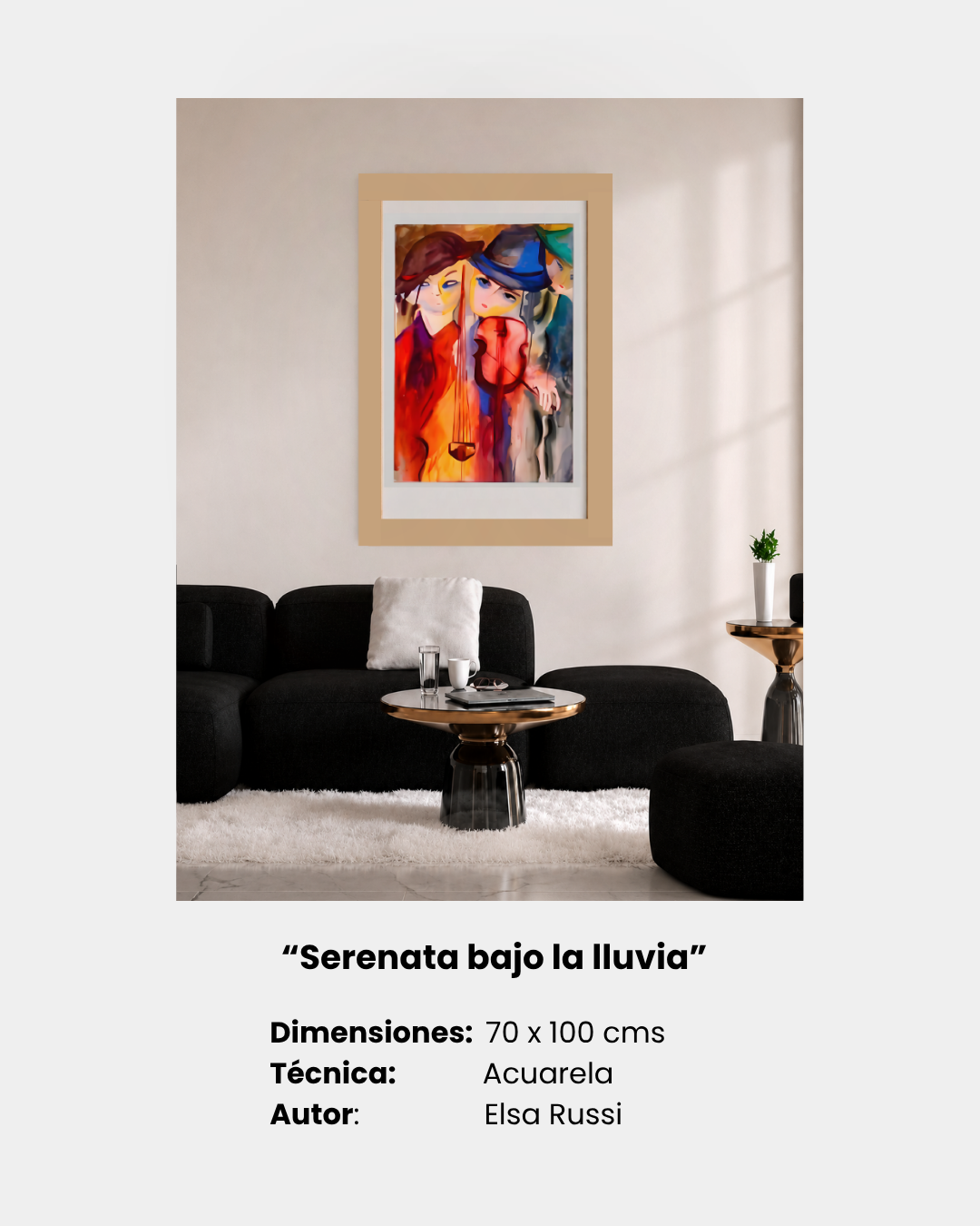 “Serenata bajo la lluvia”
Dimensiones:  70 x 100 cms
Técnica:              Acuarela
Autor:                Elsa Russi
