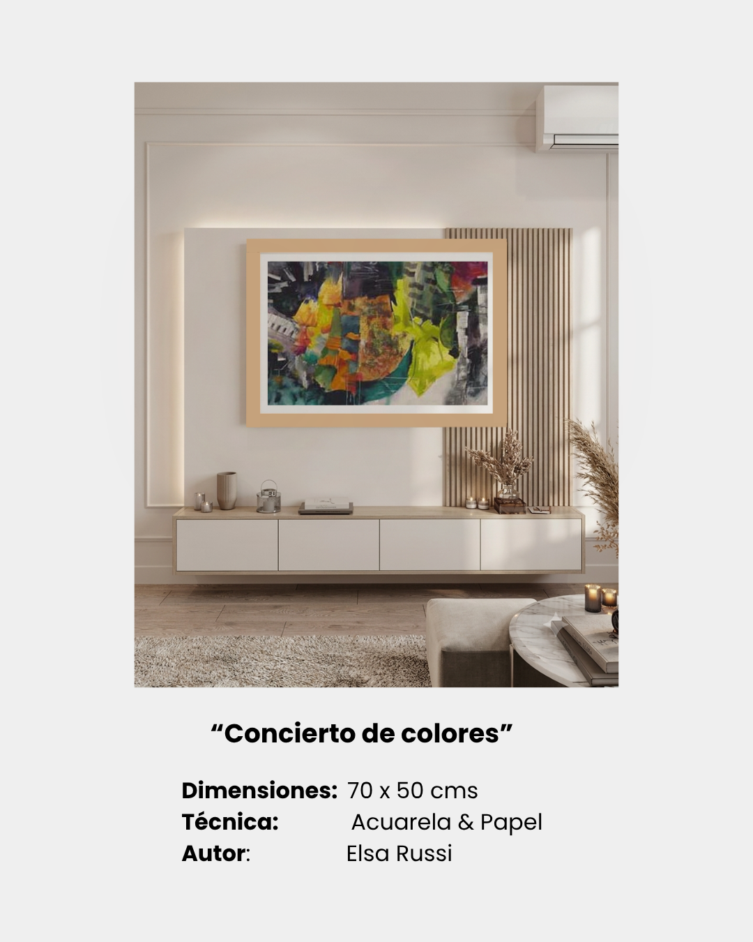 “Concierto de colores”
Dimensiones:  70 x 50 cms
Técnica:               Acuarela & Papel
Autor:                Elsa Russi