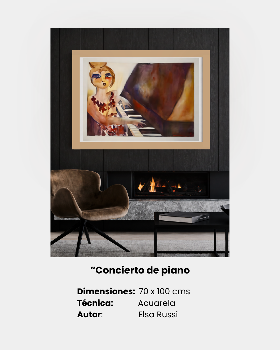 “Concierto de piano”
Dimensiones:  70 x 100 cms
Técnica:              Acuarela
Autor:                Elsa Russi