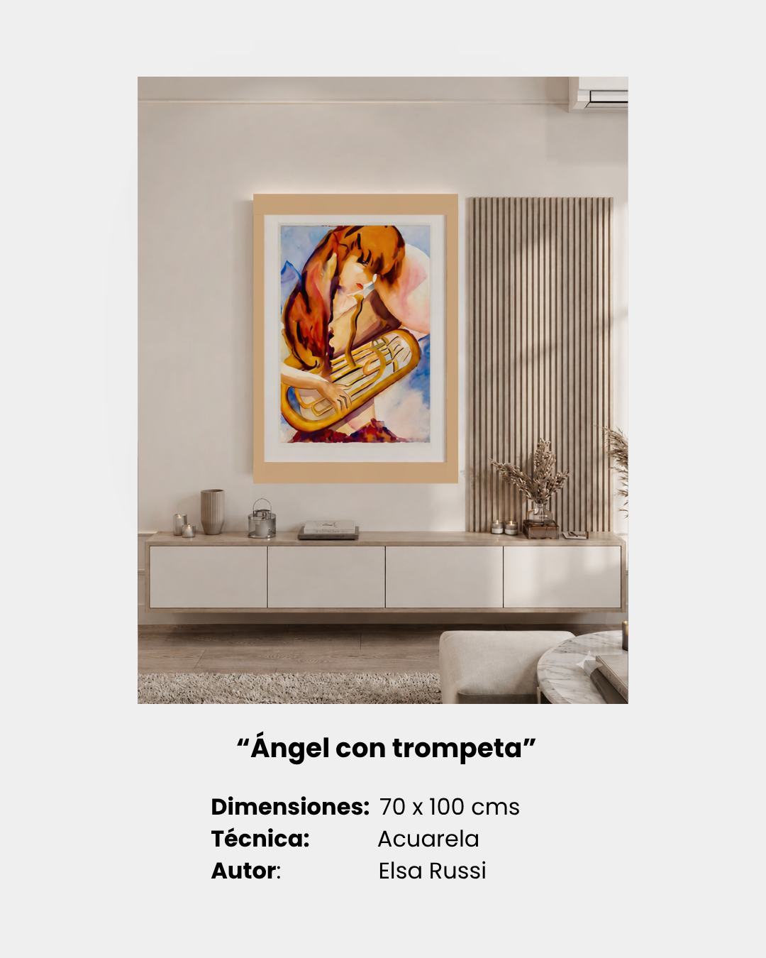 “Ángel con trompeta”
Dimensiones:  70 x 100 cms
Técnica:              Acuarela
Autor:                Elsa Russi