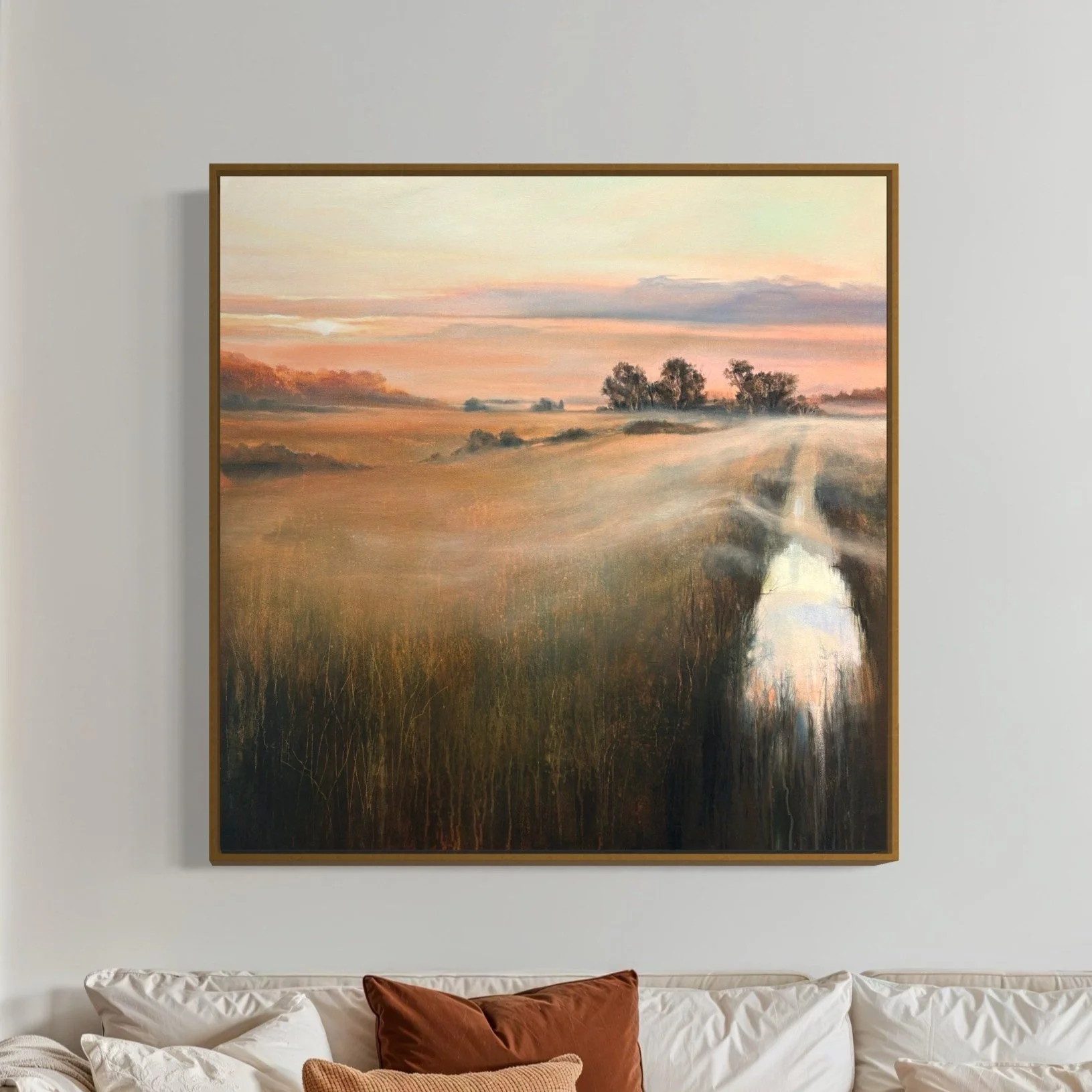 Landscape painting of a rural scene with a small pond, trees, and a sunset sky with pink, orange, and blue clouds.