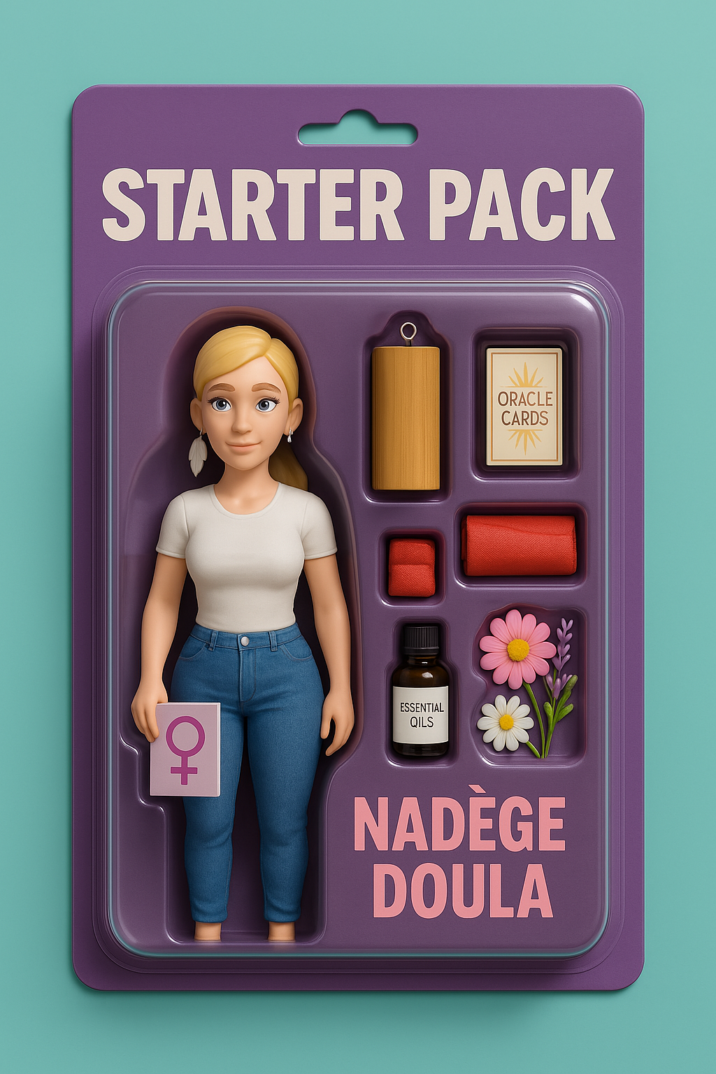 Une poupée avec une étiquette de symbole féminin, une carte Oracle, un petit cylindre, un flacon d'huile essentielle, des fleurs en plastique, un rouleau de tissu rouge, et un petit cube rouge, sur un fond violet et vert.