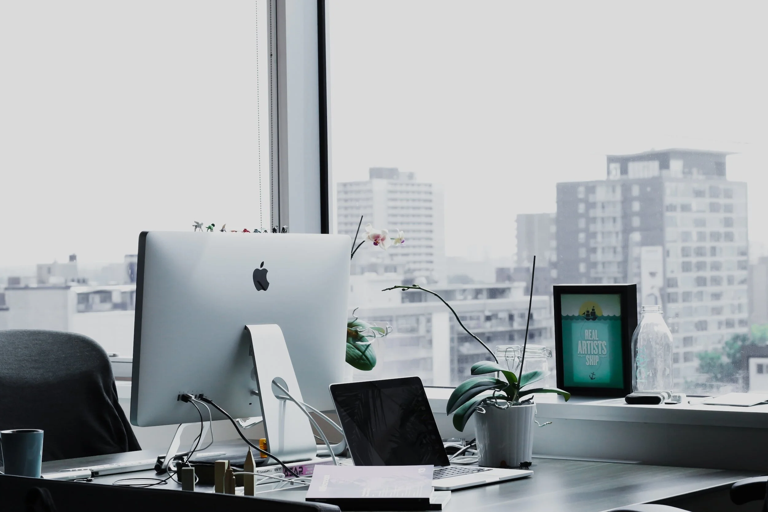 Office workspace with a large computer monitor, a laptop, potted plants, a framed picture, and a water bottle, in front of a large window overlooking city buildings.