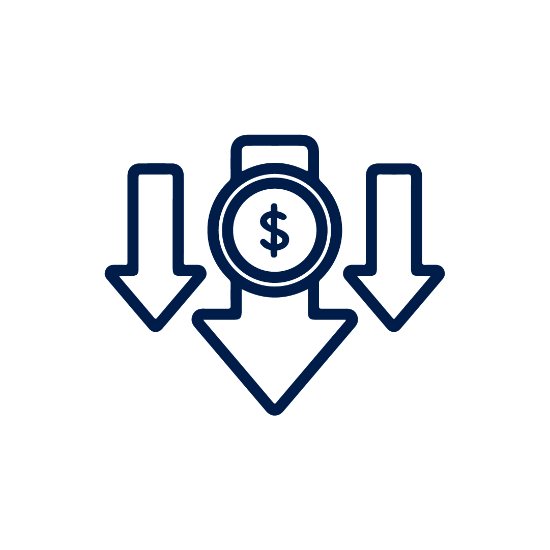 Icon of a dollar sign watch with downward arrows, indicating decreasing costs or prices.