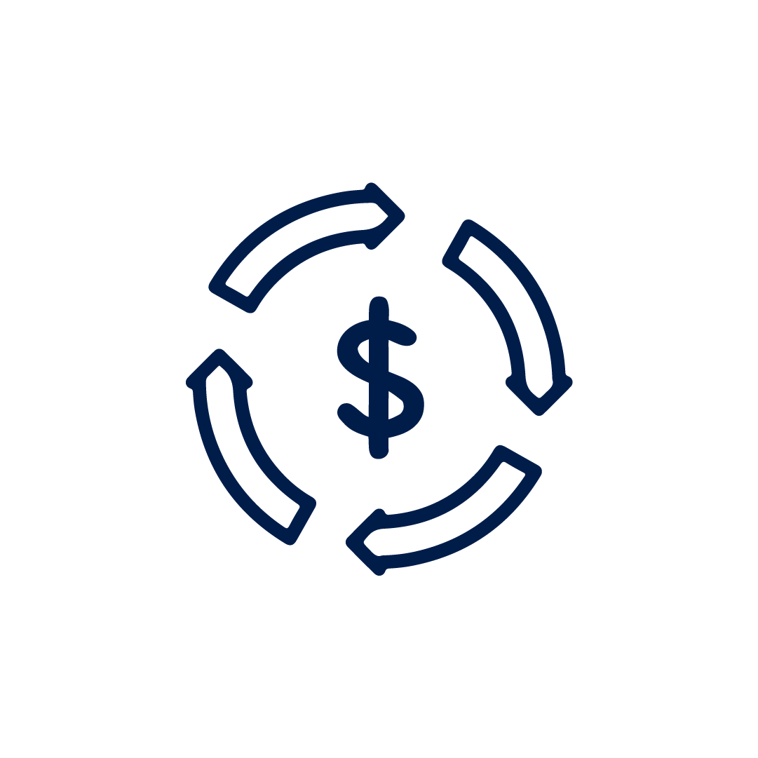 Icon of dollar sign surrounded by circular arrows, symbolizing money circulation or financial exchange.