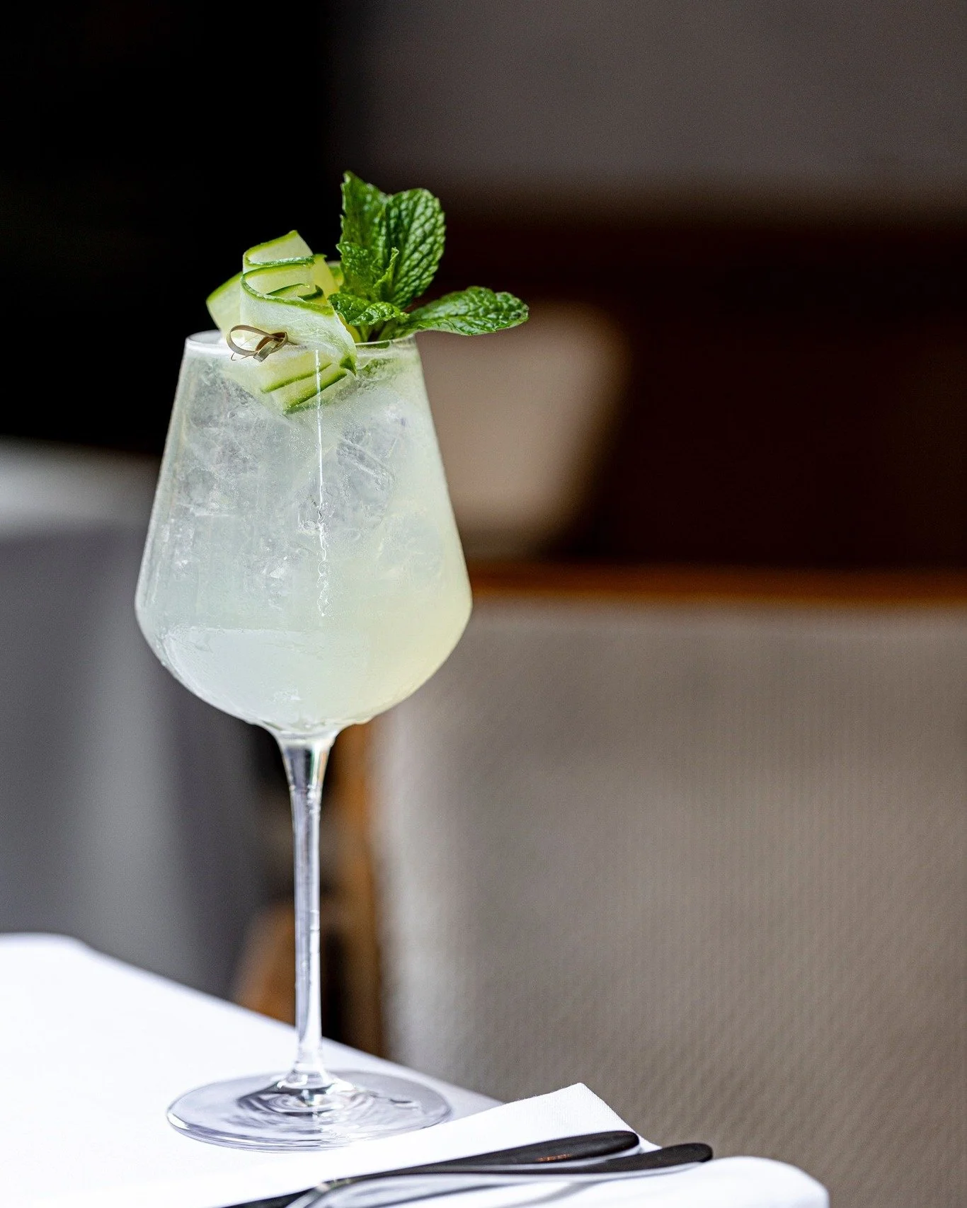Cucumber Spritz &mdash; Crop Cucumber Vodka, St. Germain French Elderflower, lime juice, 
Prosecco, club soda. 
Herbaceous, cool, crisp.