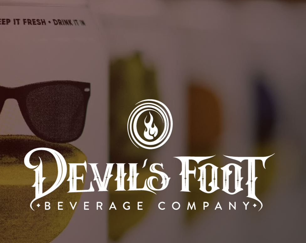 Logo for Devil's Fout Beverage Company with a monogram flame icon above the company name.