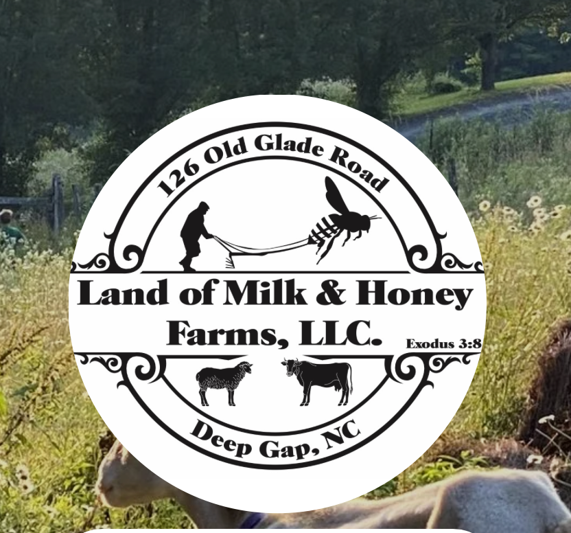 Logo of Land of Milk & Honey Farms, LLC featuring a person pulling a bee-shaped plow, images of a cow and a calf, and the farm's address in Deep Gap, North Carolina.