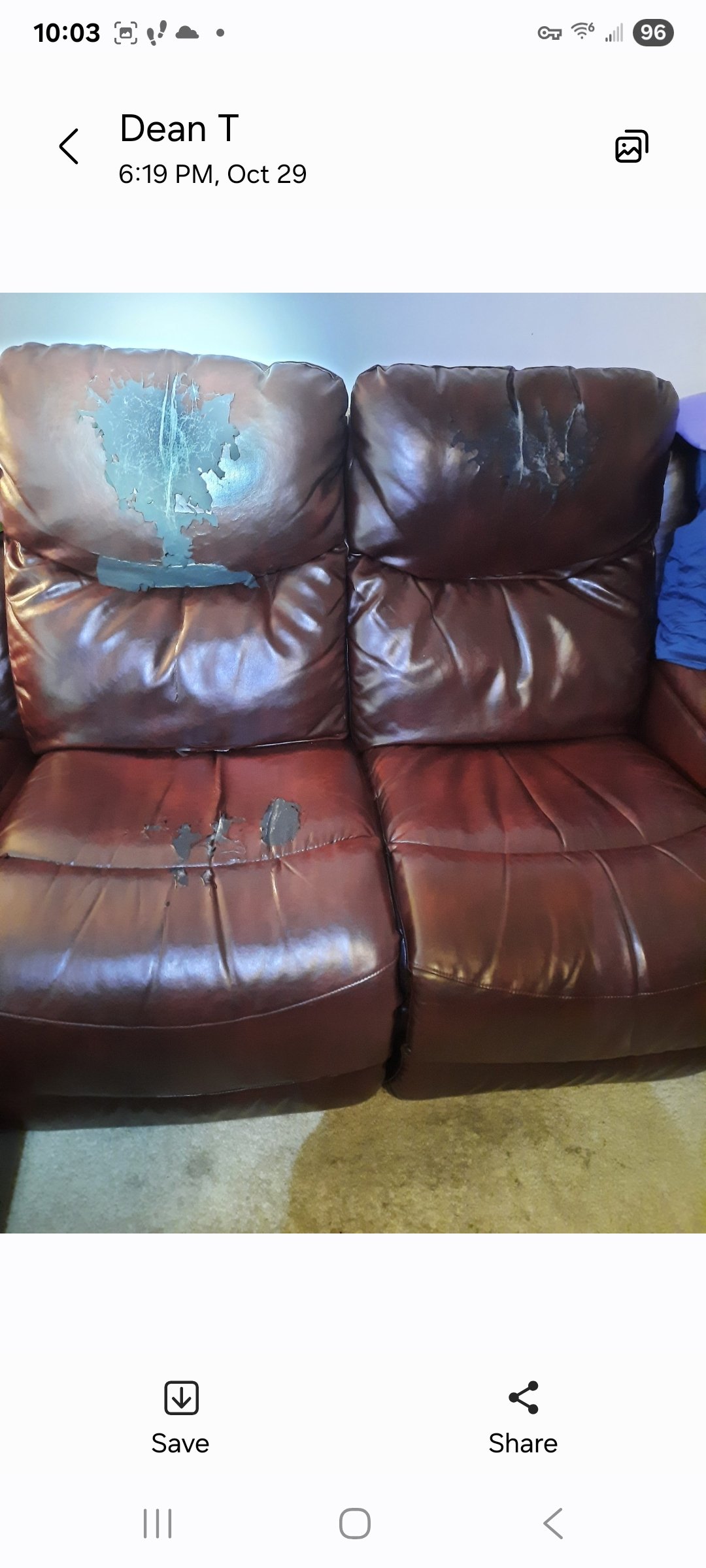 Damaged sectional seats 
