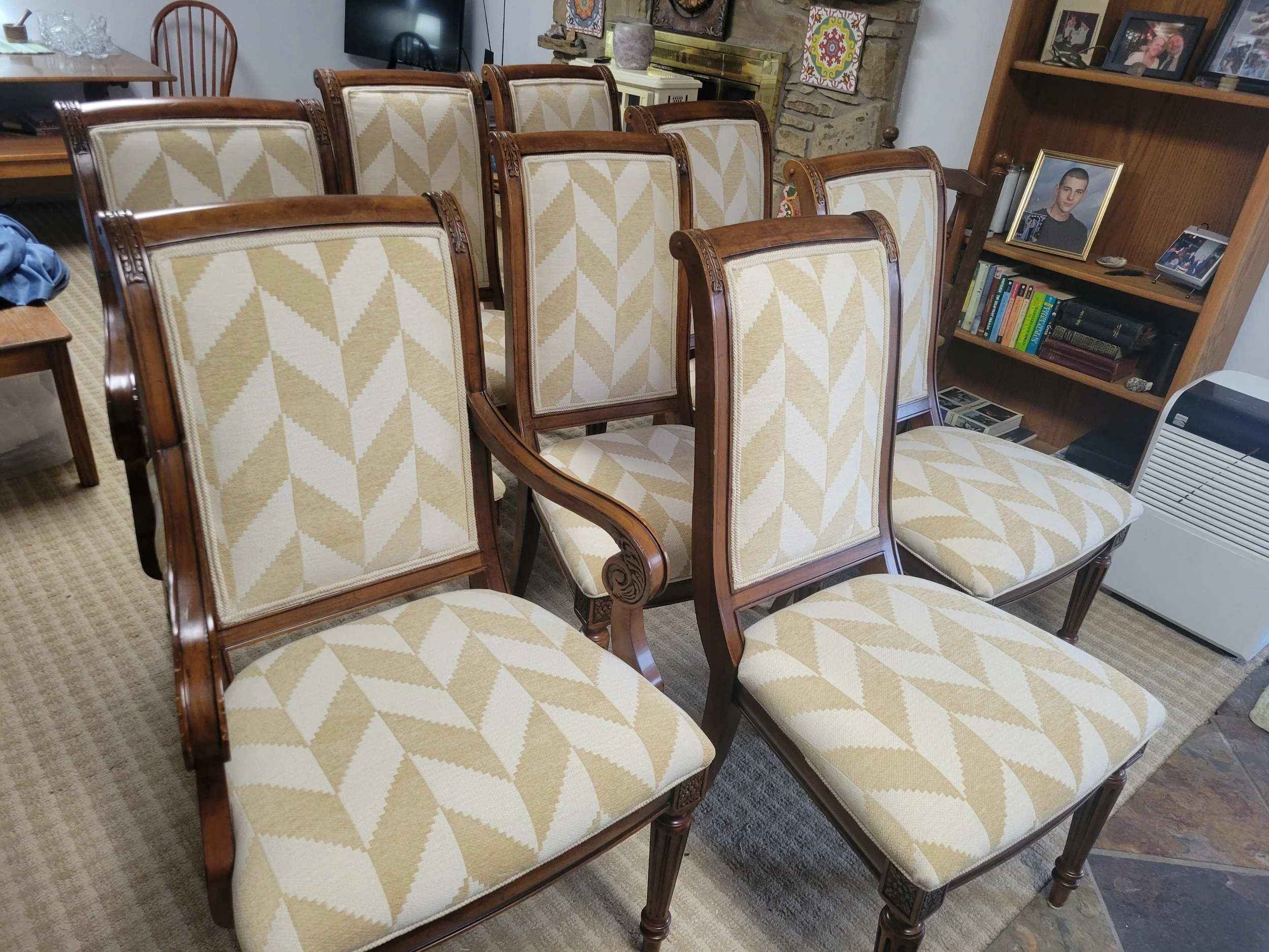 Argyle fabric dining chairs