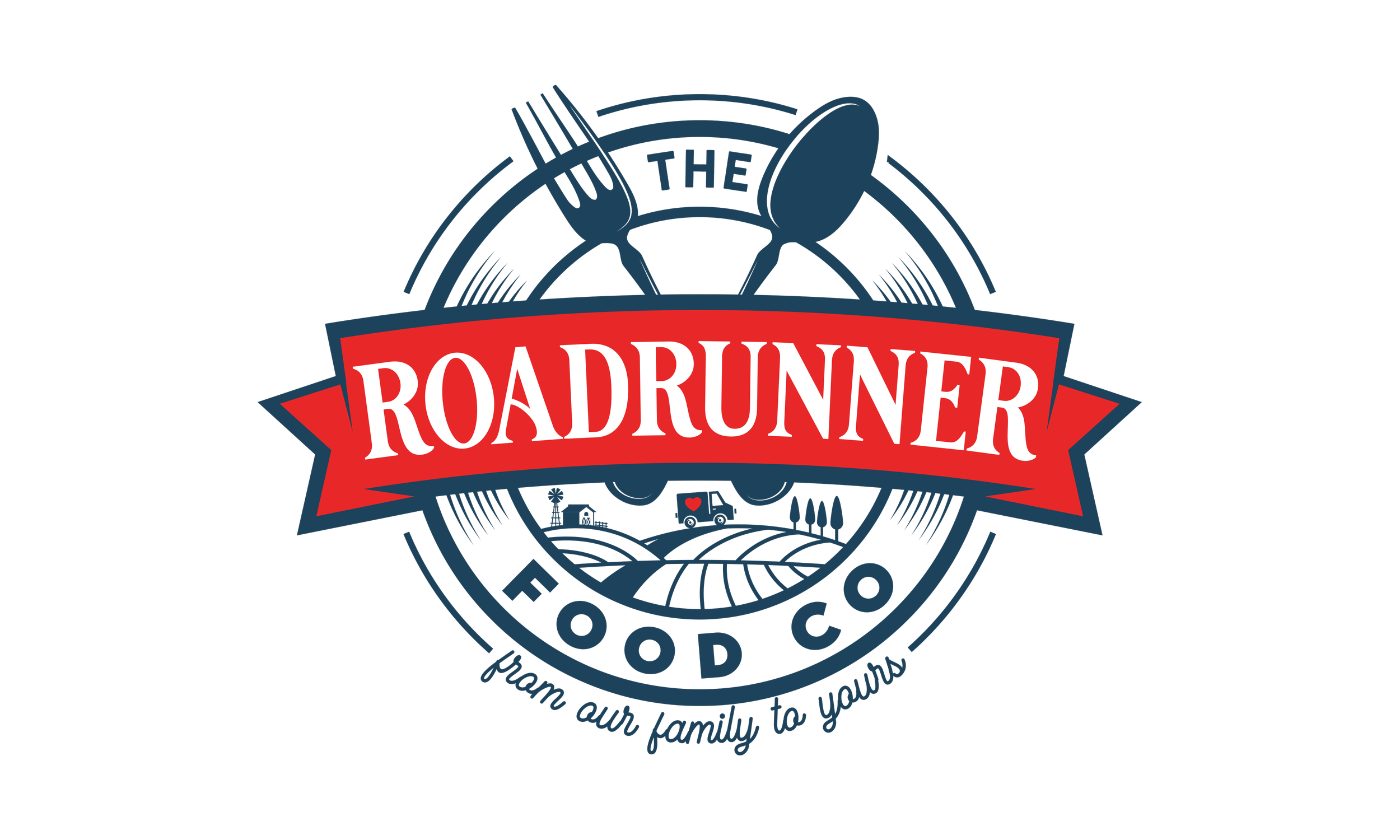 Roadrunner Food Co logo featuring a red banner with the word 'Roadrunner' across it, surrounded by a circular design with fork and spoon illustrations, and a farm scene with a delivery truck.