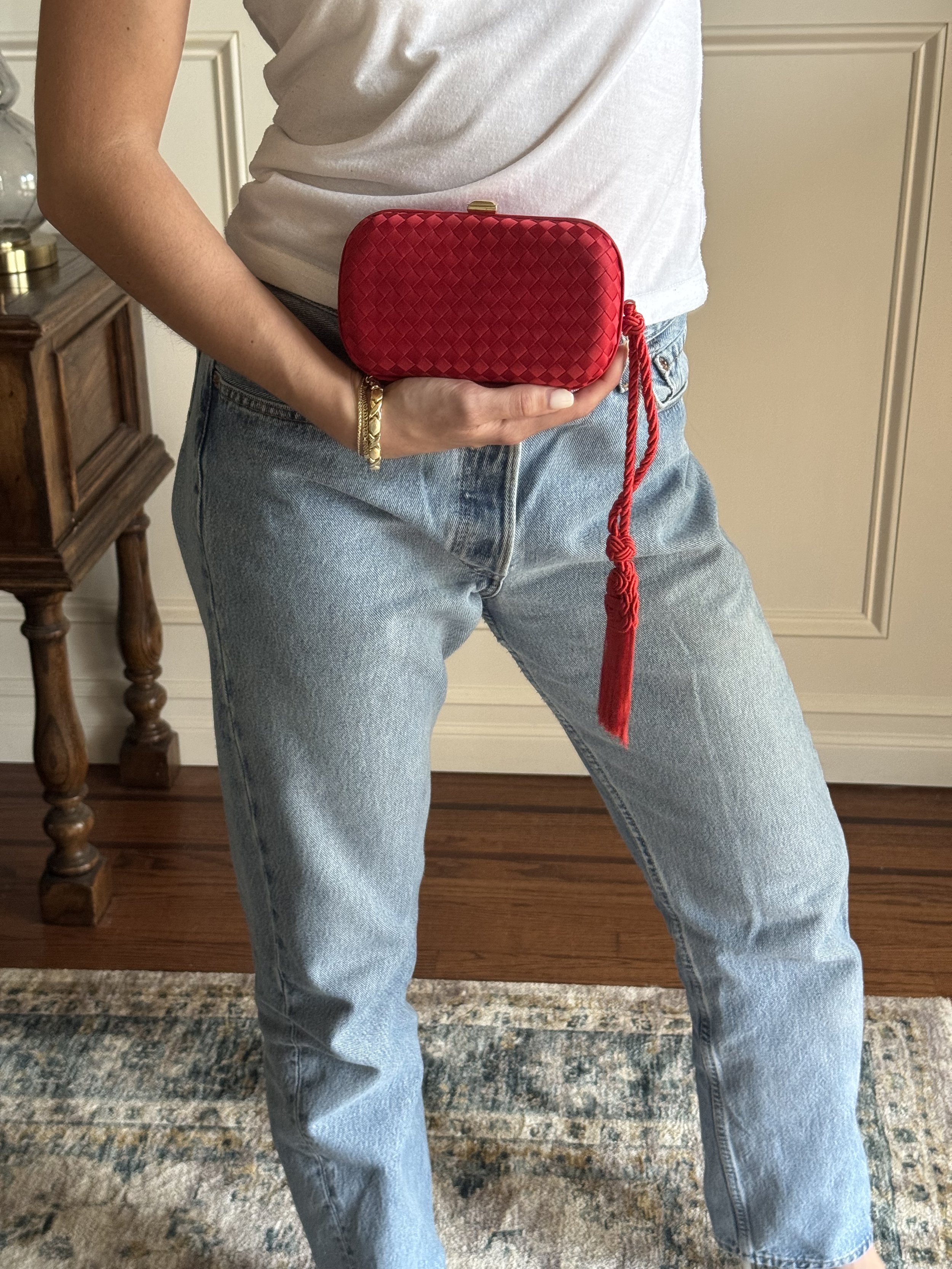 Bottega Veneta Red Satin Clutch with Tassel - GIMI RARITY
