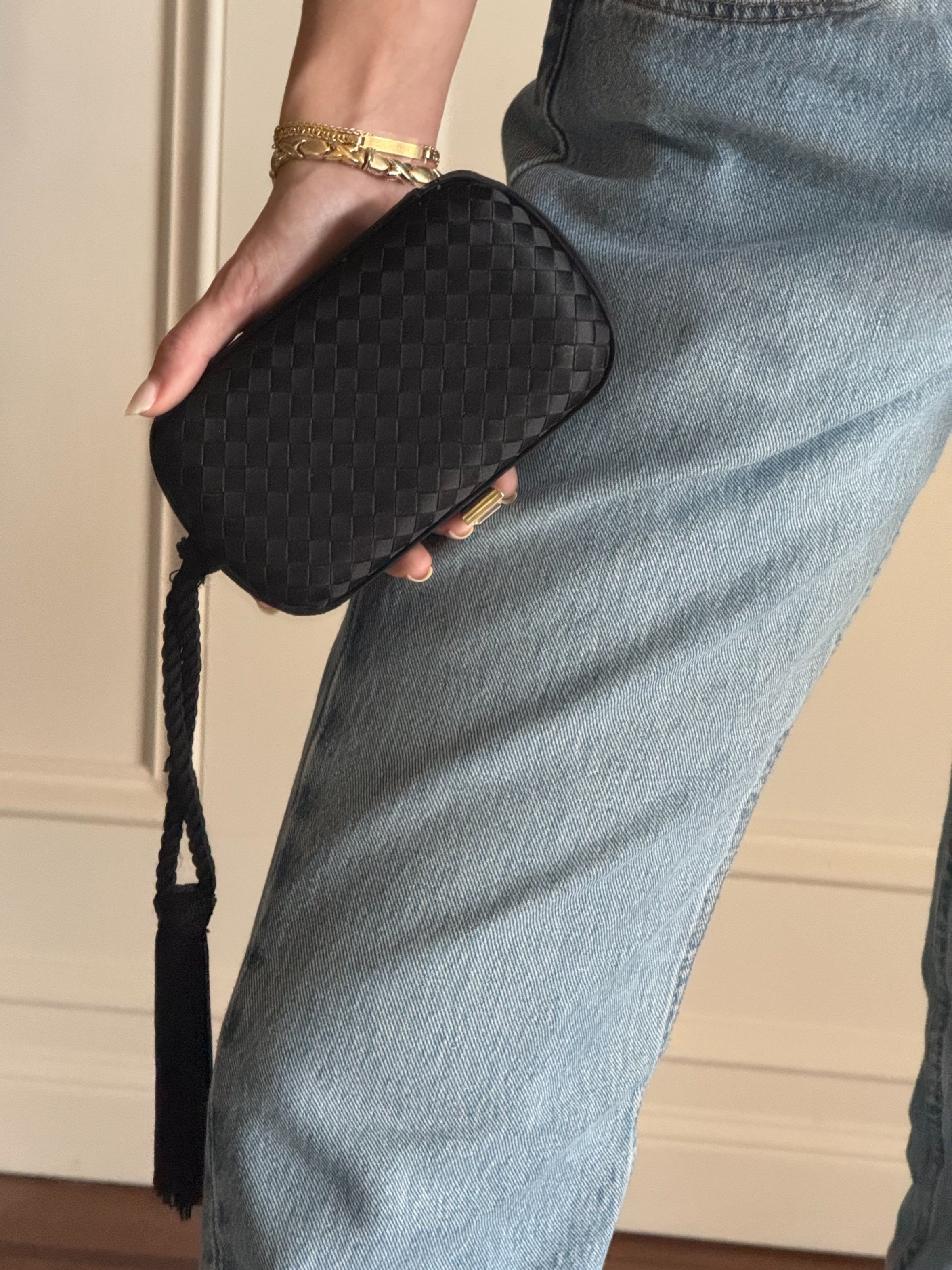 Bottega Veneta Black Satin Clutch with Tassel - GIMI RARITY