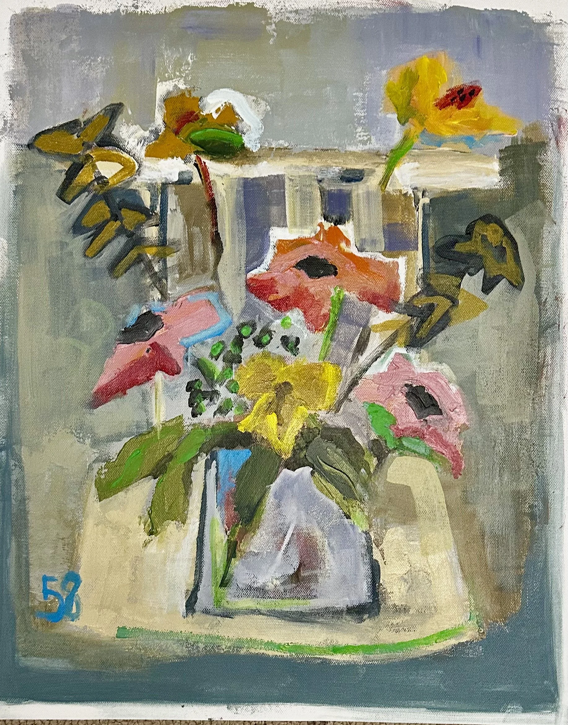 #110 ABSTRACT CONTEMPORARY ACRYLIC PAINTING MIXED BOUQUET ON CHAIR
16"X20" CANVAS PAPER
PRINTS AVAILABLE