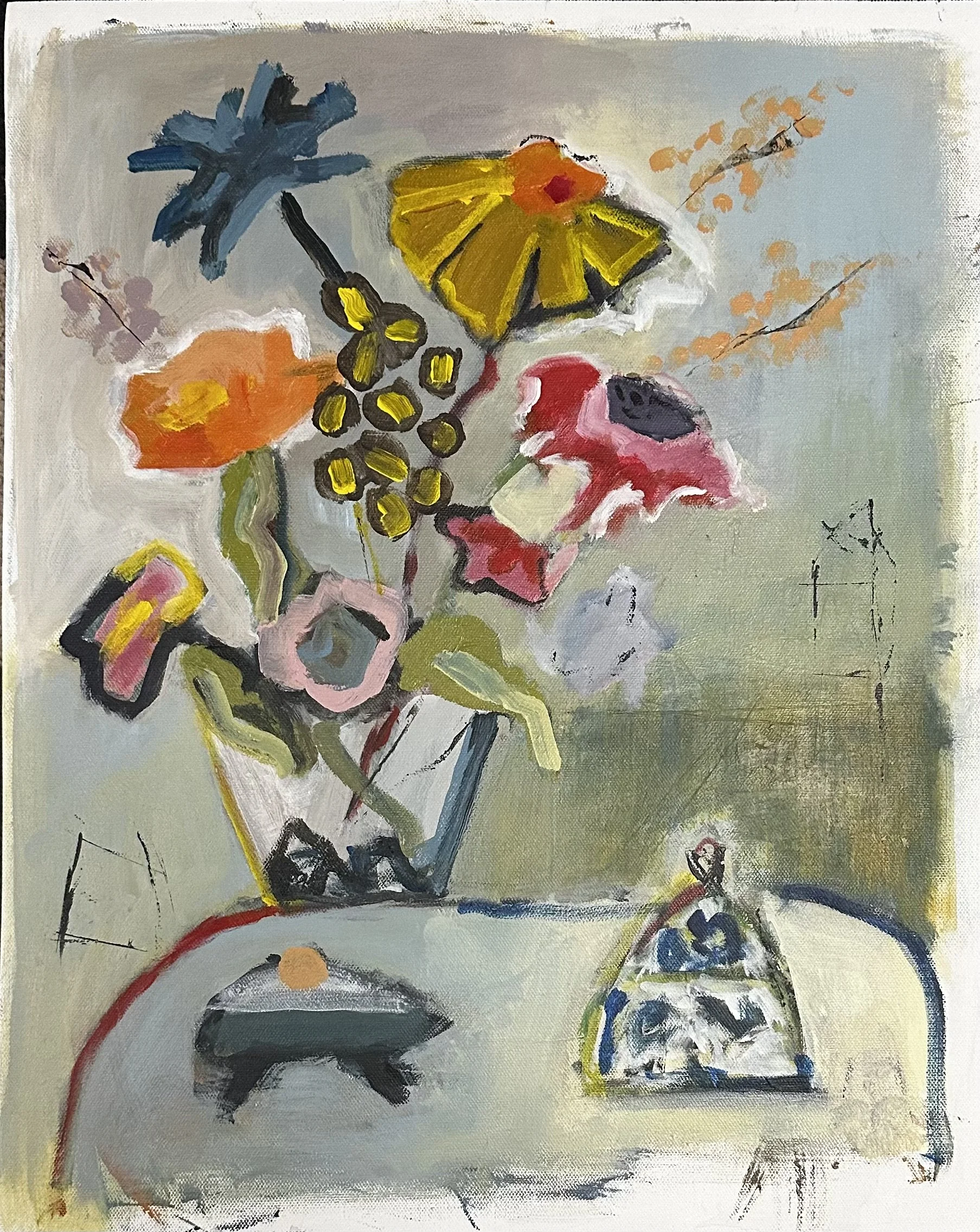 #105 ORIGINAL MODERN CONTEMPORARY TABLE BOUQUET  16"X 20" ACRYLIC CANVAS PAPER.  PRINTS AVAILABLE