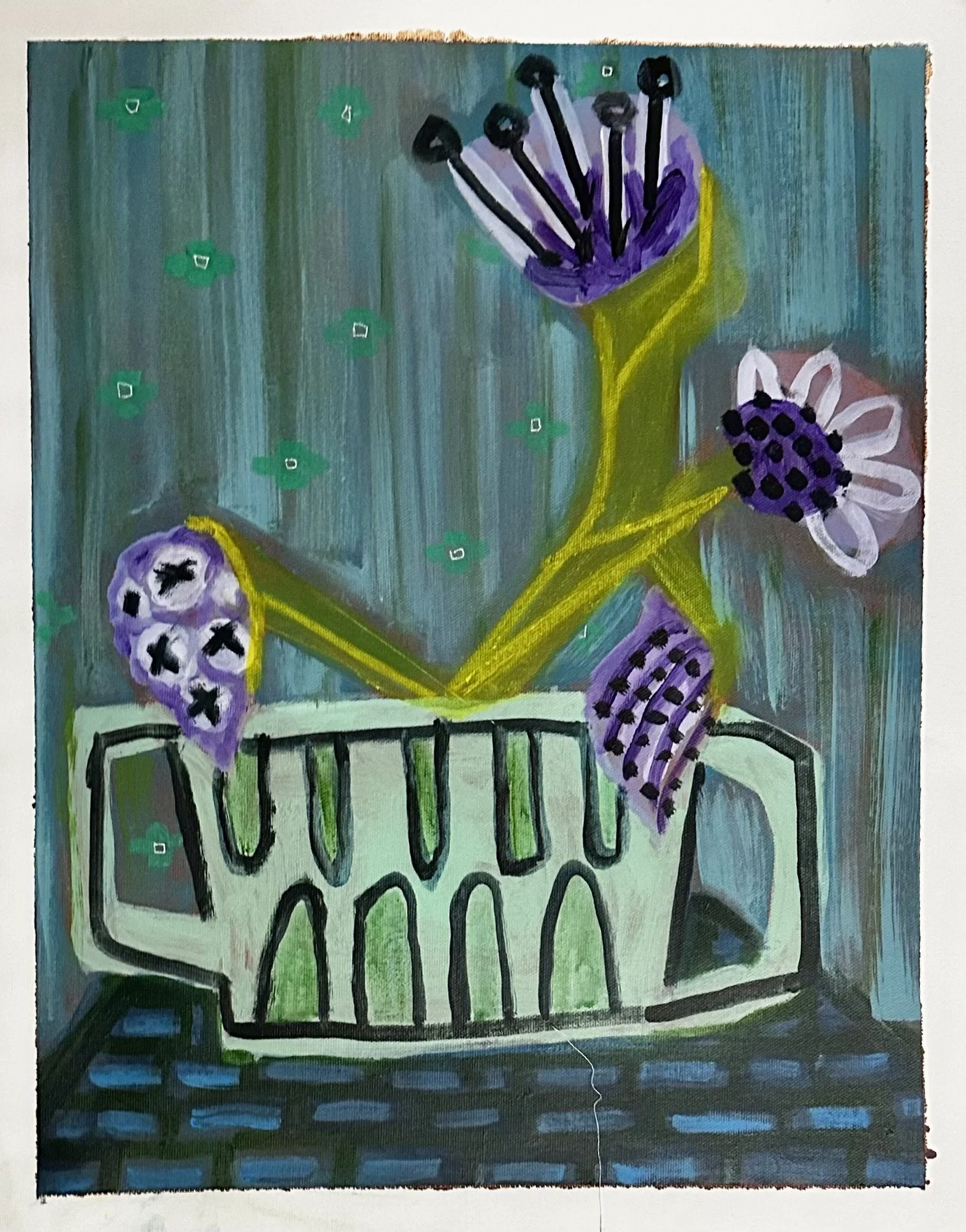 #107 ORIGINAL MINIMAL BOWL BOUQUET IN TEAL, PURPLE, AND GREEN ACRYLIC PAINTING ON CANVAS PAPER.
PRINTS AVAIABLE