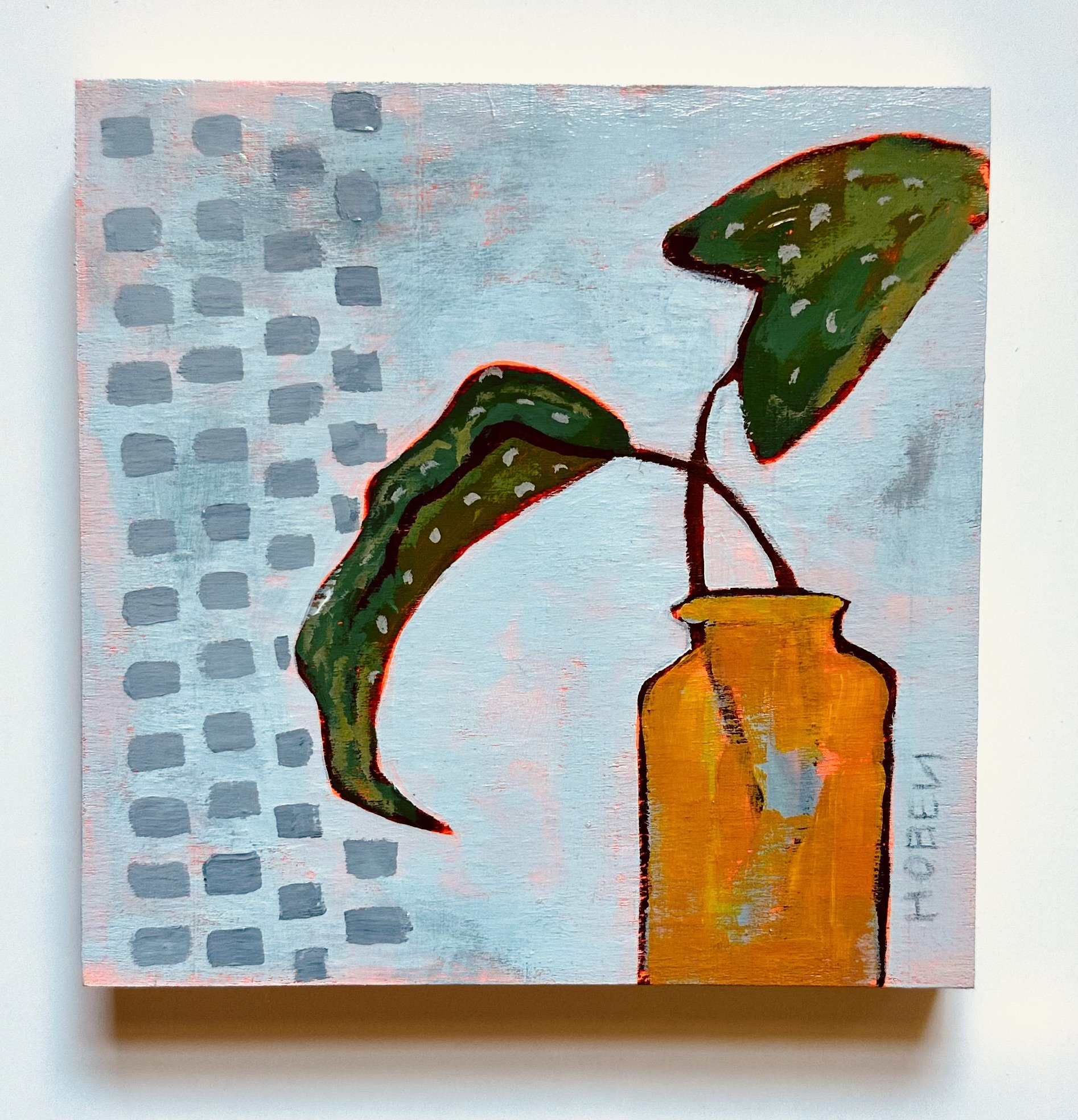 #115 ORIGINAL ACRYLIC ON WOOD PANEL FLOATING NATURAL WOOD FRAME. ORANGE GREEN BLUE GREY PLANT 6"X6"
(CRAFTLAND)
PRINTS AVAILABLE