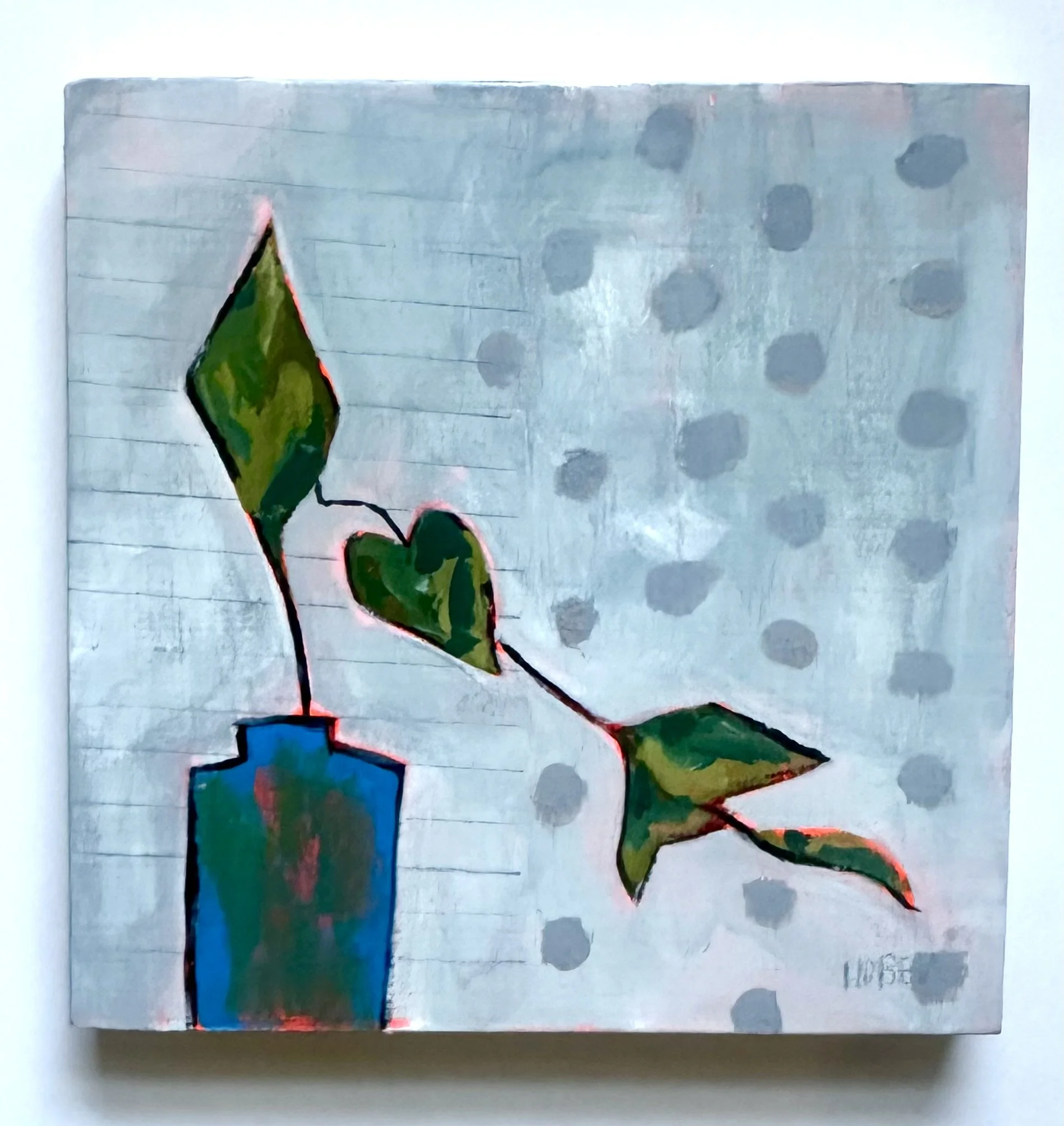 #116 ORIGINAL ACRYLIC PAINTING ON WOOD PANEL 6"X6" FLOATING FRAME 
VINE IN BLUE JAR, ORANGE GREY GREENS DOTS (CRAFTLAND)
PRINTS AVAILABLE