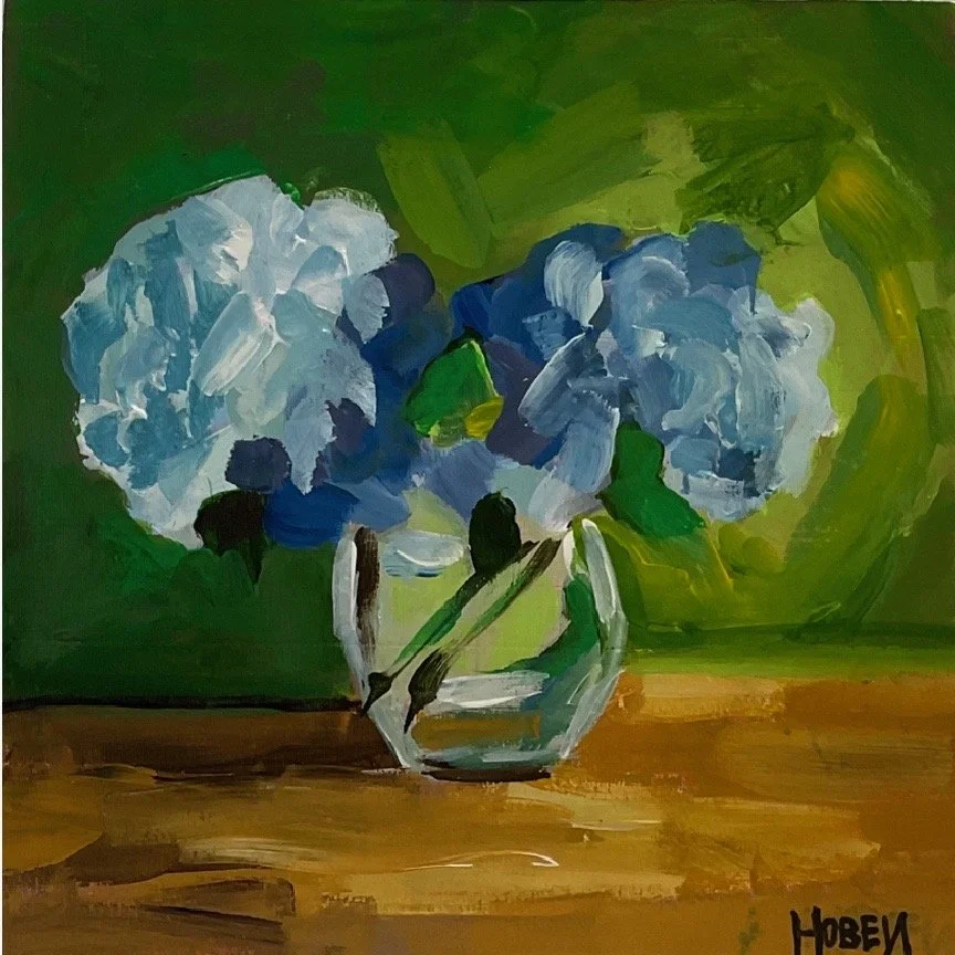 #102 BLUE HYDRANGEA   ACRYLIC  12"X 12"ORIGINAL SOLD AVAILABLE FOR PRINTING