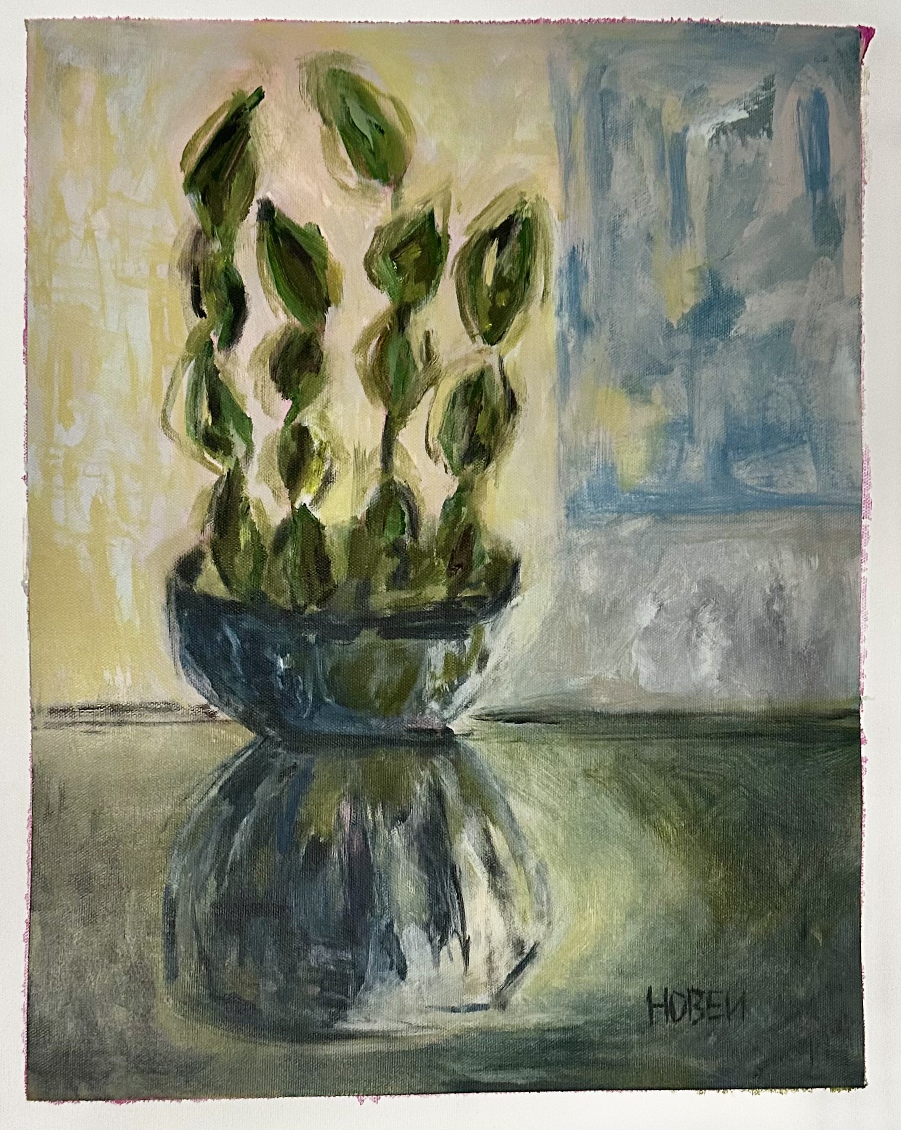#108 ORIGINAL CONTEMPORARY ACRYLIC PAINTING 16"X20" PLANT ON DESK CANVAS PAPER. PRINTS AVAILABLE
