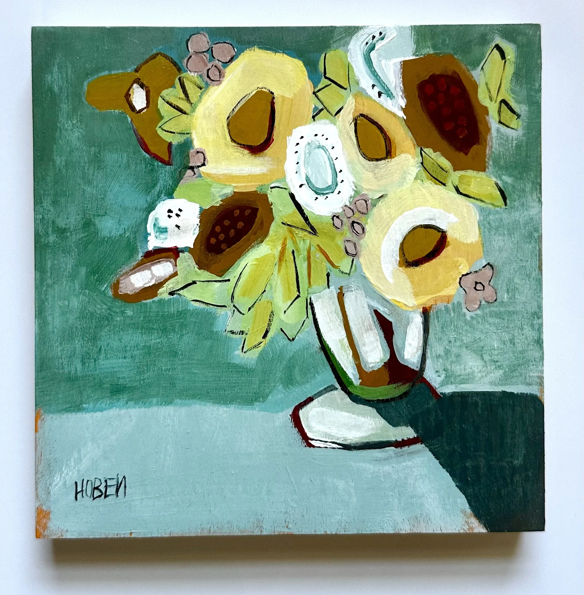 #117 ORIGINAL 6"X6"X.5" ACRYLIC ON WOOD PANEL FLOATING DARK WOOD FRAME. CONTEMPORARY PAINTING OF YELLOW TEAL AND MINT GREEN
PRINTS AVAILABLE