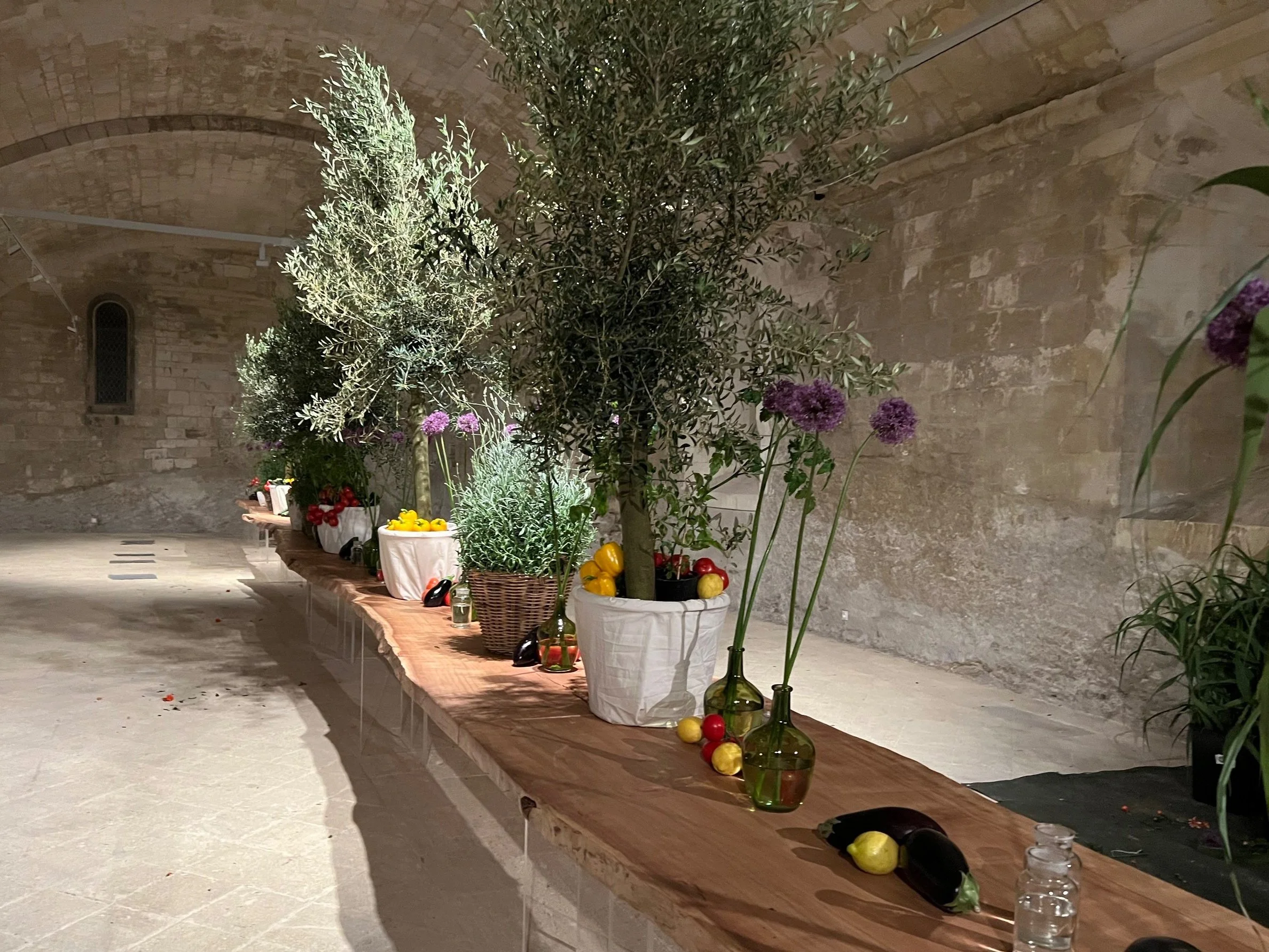 Table fruitière magnifiquement bien décorée fabriquée sur mesure en bois brut pour Moet Hennessy par EXO EVENEMENTS