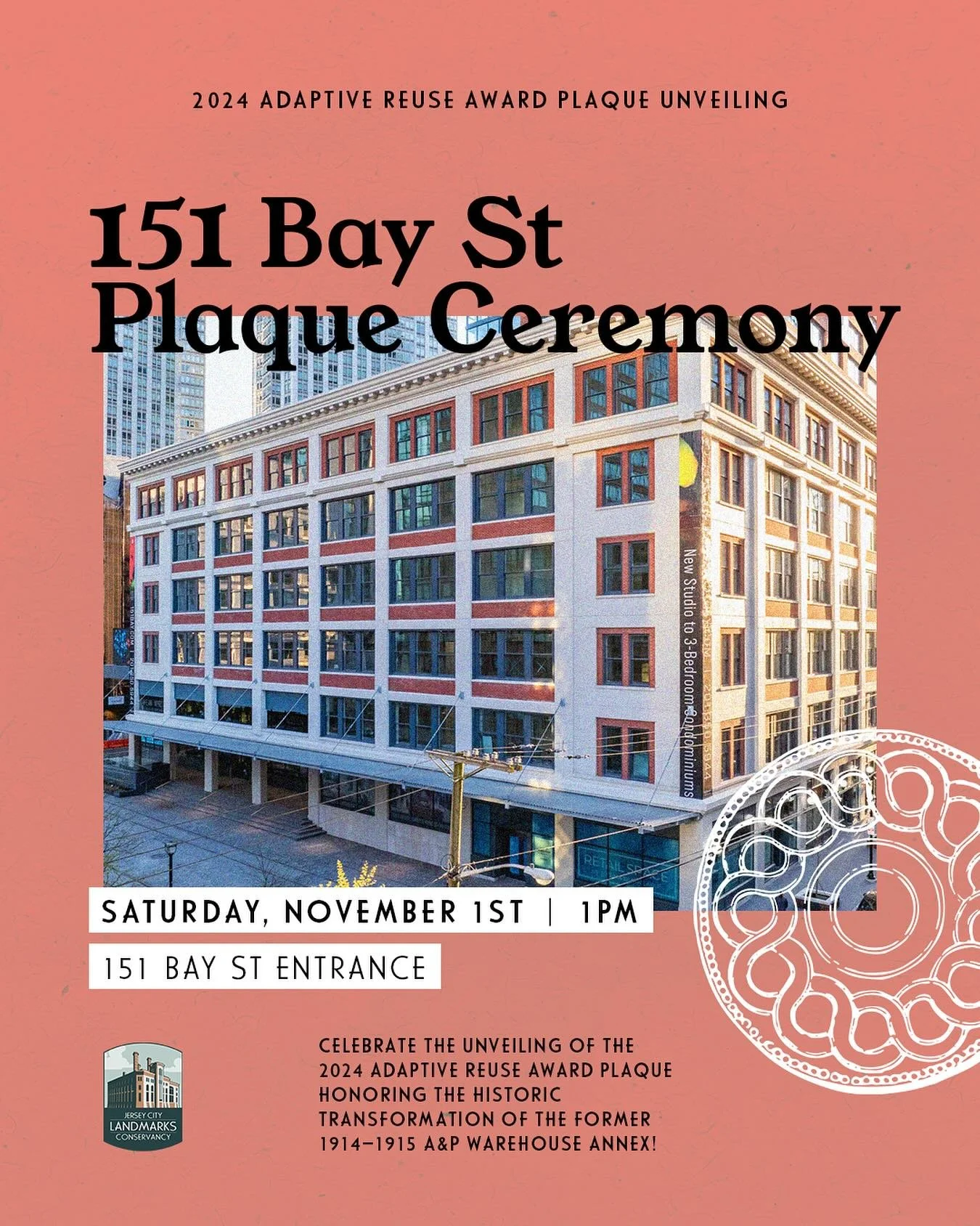 🏆Adaptive Reuse Award Plaque Unveiling
Former annex of the Great Atlantic &amp; Pacific Tea Company
Saturday, November 1st at 1 pm
📍151 Bay Street Entrance

Join the JCLC in unveiling the 2024 Adaptive Reuse Award bronze plaque mounted at 151 Bay S