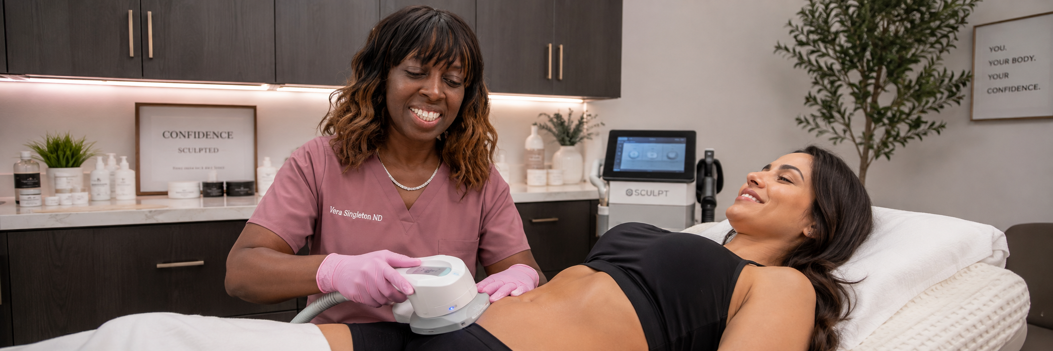 PHYSIQ body contouring applicators in place during treatment at Potentia MedSpa in Lafayette, CA