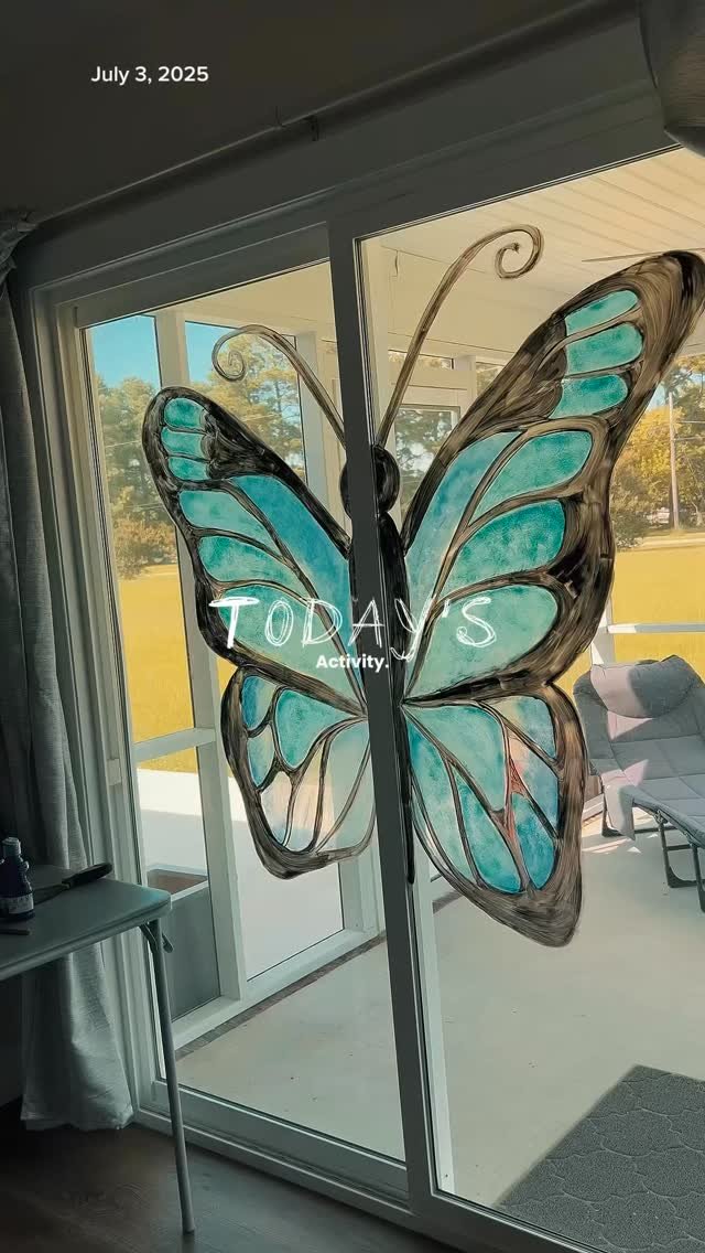 Painted this butterfly on my patio doors with my niece — took us about 3 hours and a lot of laughs. All freehand with washable paint, so it’ll come off easily when we’re ready. Fun little project.
#WindowArt #FamilyTime #ArtwithMeM