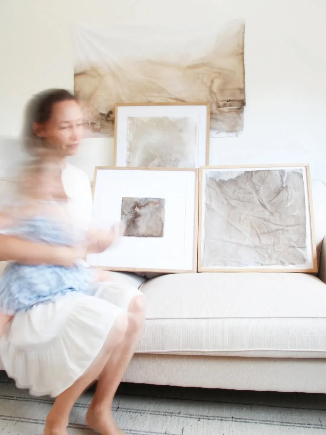 A quiet moment with a few recently completed paintings and my sweet baby girl. Each piece of this collection adds a gentle, grounded presence to any room. Two of these are listed in my shop!