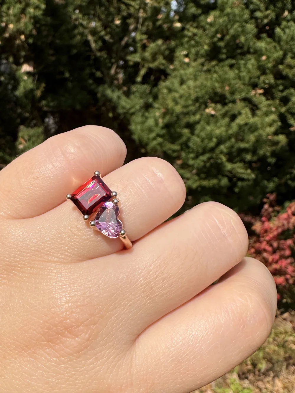 Small 2-Stone Ring with Red Garnet Pink Tourmaline One of a