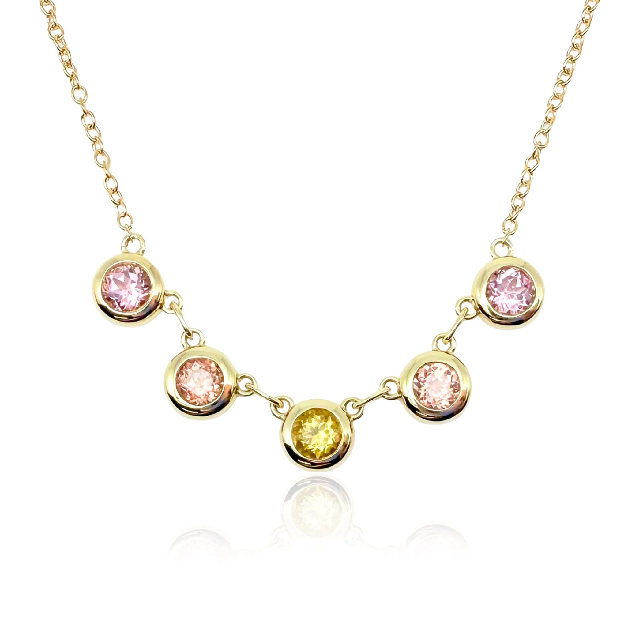 Mini 5-Bezel Necklace with Yellow Beryl, Padparadscha Sapphire & Light Pink Tourmaline