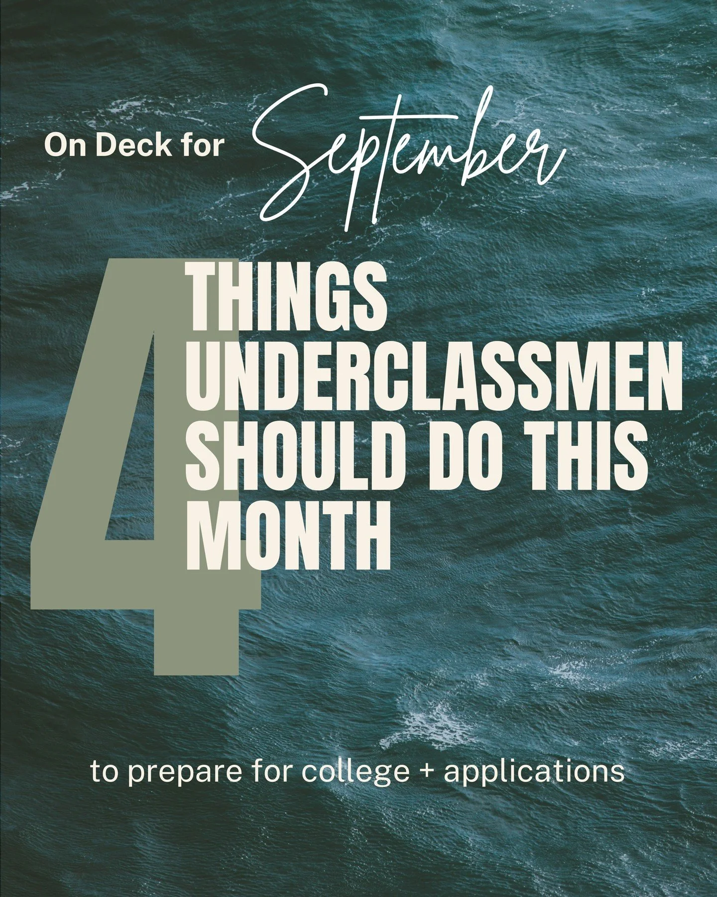 Freshmen &amp; Sophomores: What should you work on in September to prepare for college?

1. Meet with your counselor and make a four-year academic plan
2. Establish an organization system early
3. Think about taking the PSAT
4. Get involved in activi