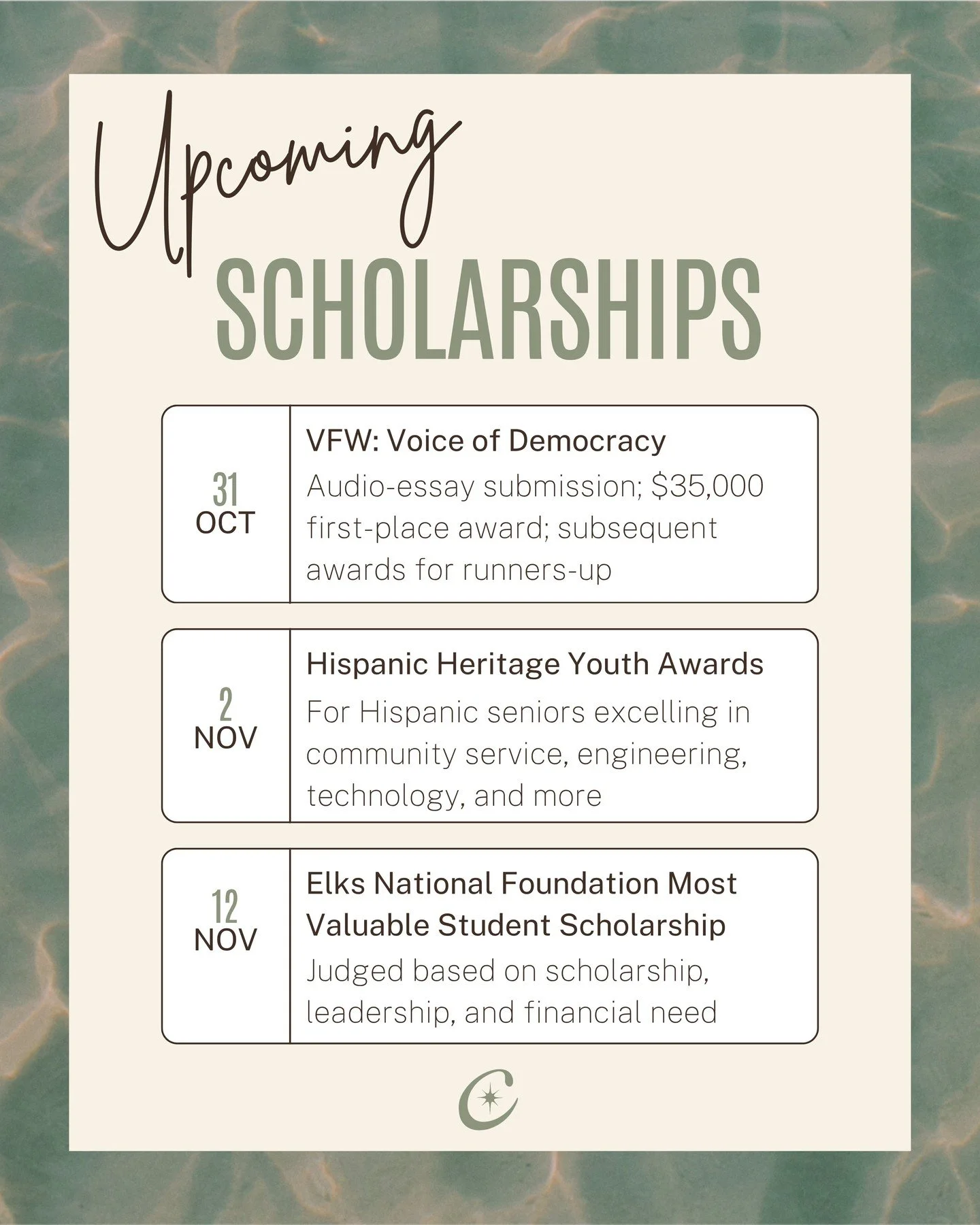 October 31, 2025 | VFW: Voice of Democracy
(vfw.org/community/youth-and-education/youth-scholarships)

First place winner receives a $35,000 scholarship paid directly to their university, college or vocational/technical school. Other national scholar