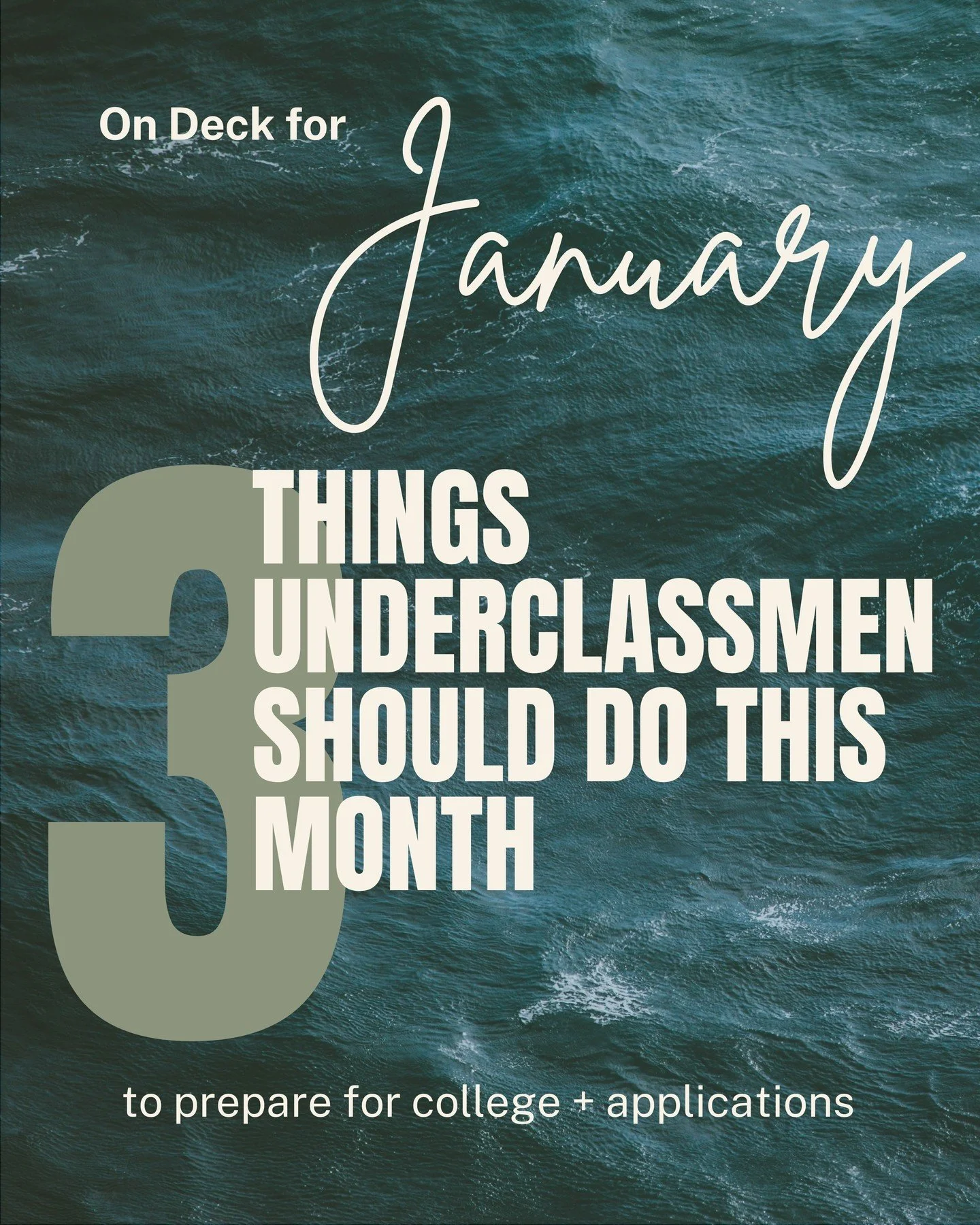 Freshmen &amp; Sophomores: What should you work on in January to prepare for college?

1. Make sure any new classes meet college requirements
2. Stay involved or get involved for the first time
3. Add your first semester transcript to your &ldquo;Col