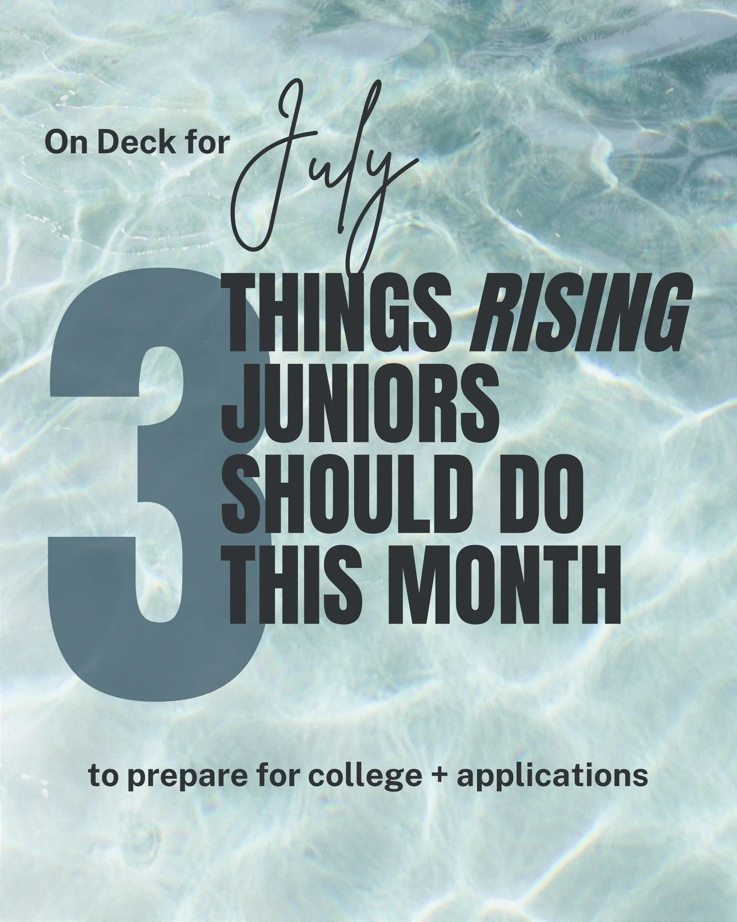 Rising juniors, this one is for you...
What should you work on in July to prepare for college applications?

1. STAY BUSY. Don't rot away in bed this summer. Get a job, learn something new, start a project, find an internship, explore somewhere new, 