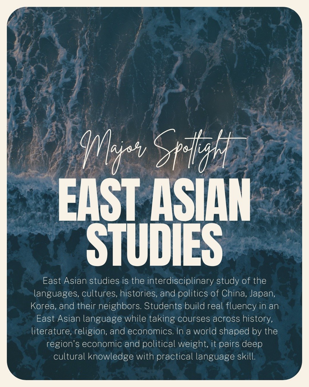 East Asian studies is the interdisciplinary study of the languages, cultures, histories, and politics of China, Japan, Korea, and their neighbors.

Swipe to learn about adjacent majors, potential careers, courses you can expect to take, and a few col