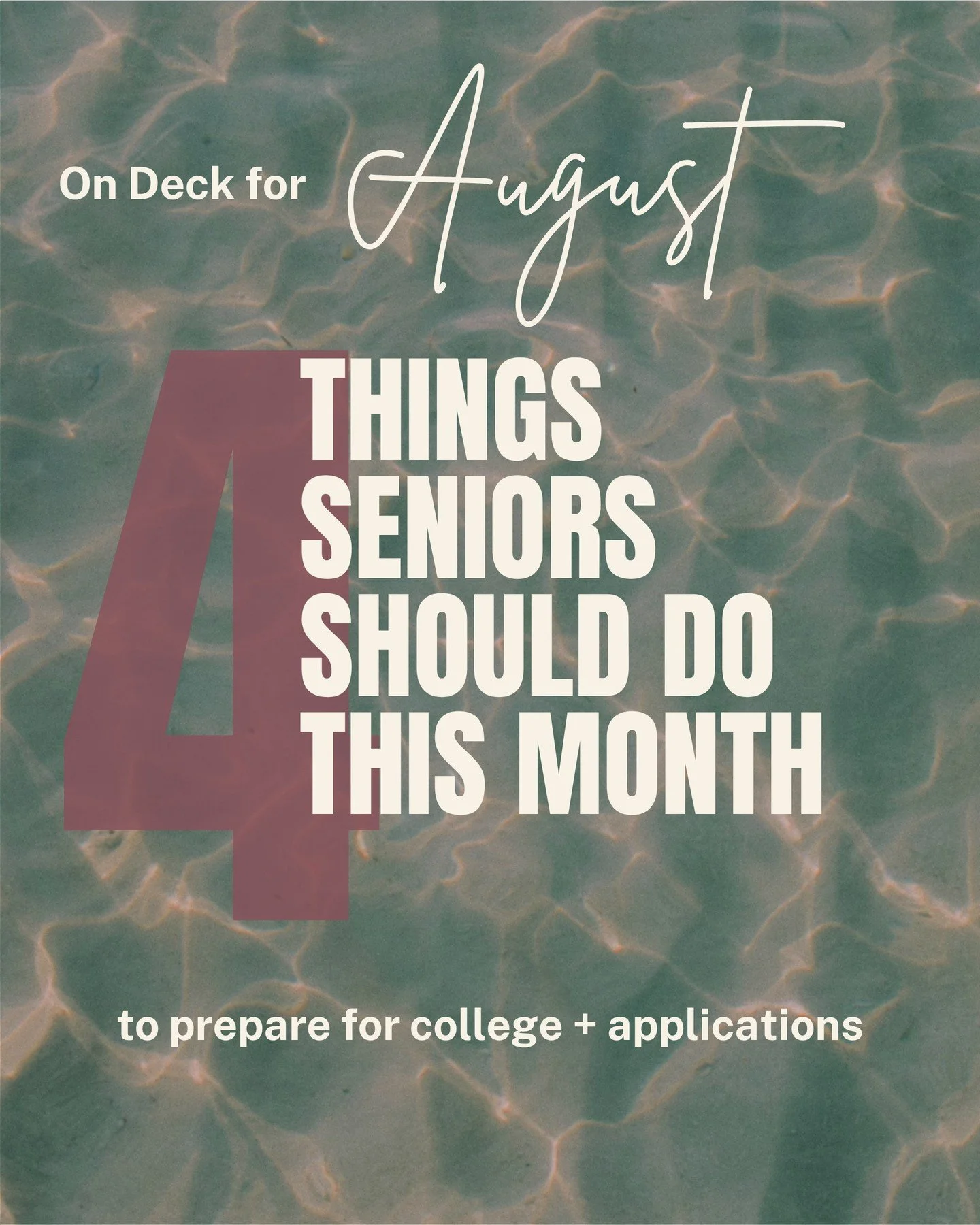 Rising seniors!
Here are four things you need to conquer this month to prepare for college apps

1. Brainstorm supplemental essay responses

2. Create an application spreadsheet

3. Research financial aid

4. Decide whether you need to (re)take any s