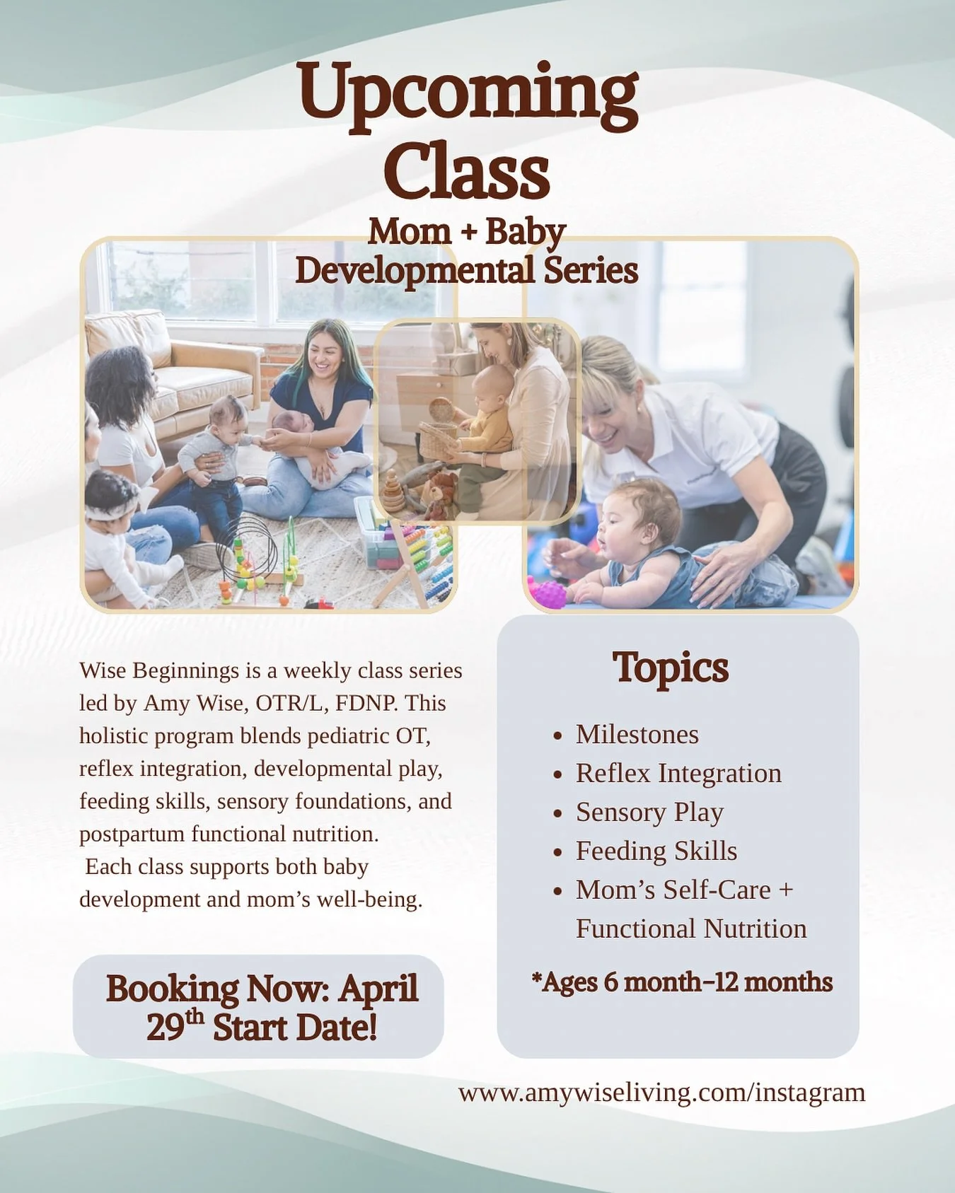 ✨Officially announcing a mom + baby developmental series: Wise Beginnings! 

I&rsquo;m so excited to support mom&rsquo;s health &amp; baby&rsquo;s development in this 6 week class series&mdash;because postpartum is about a family unit, not just one o