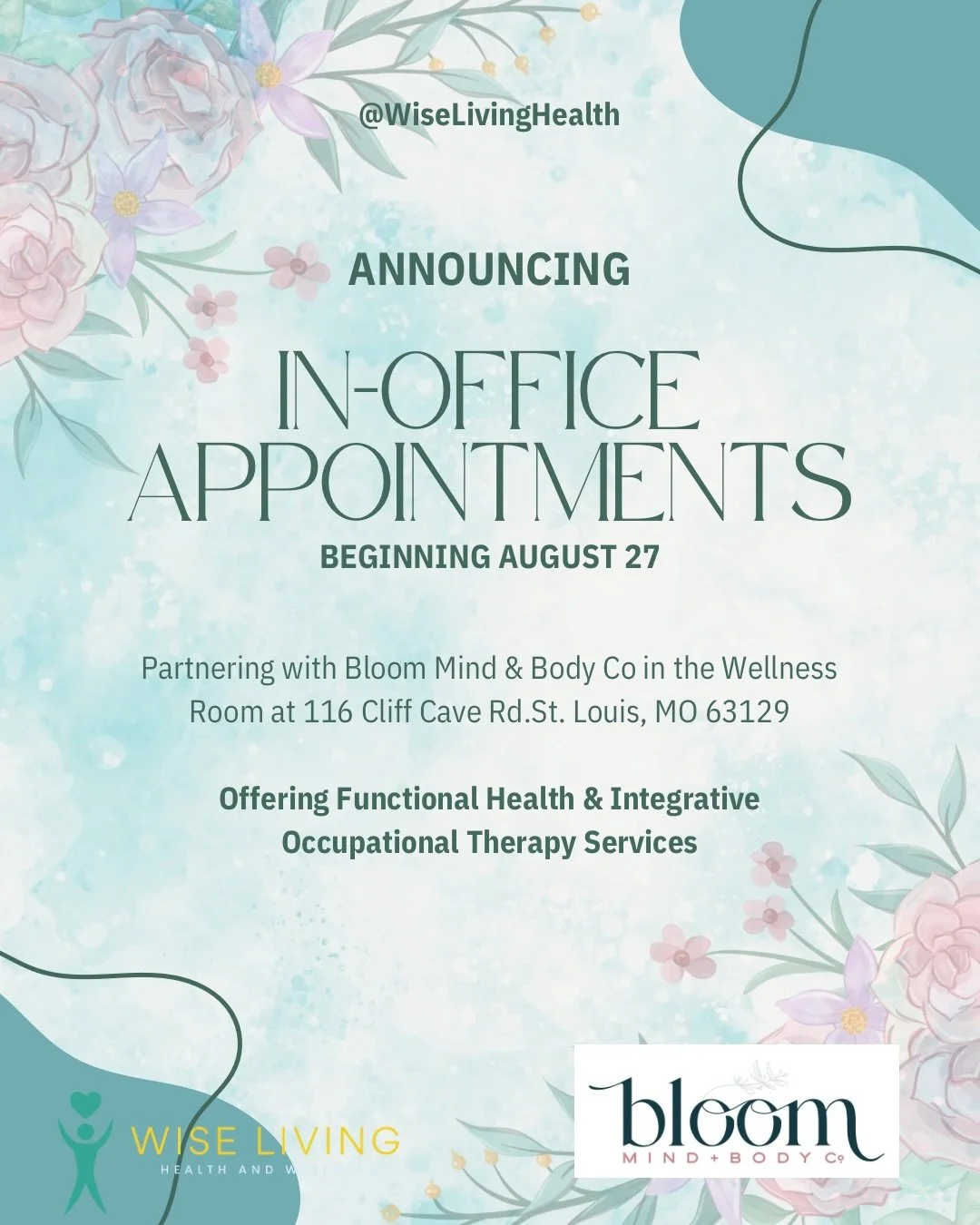 ✨Big news for Wise Living! ✨

Beginning August 27, I&rsquo;ll officially be offering in office appointments at @bloommindbodyco_soco in South County! 

And since there are quite a few new faces around here lately, this feels like the perfect time to 