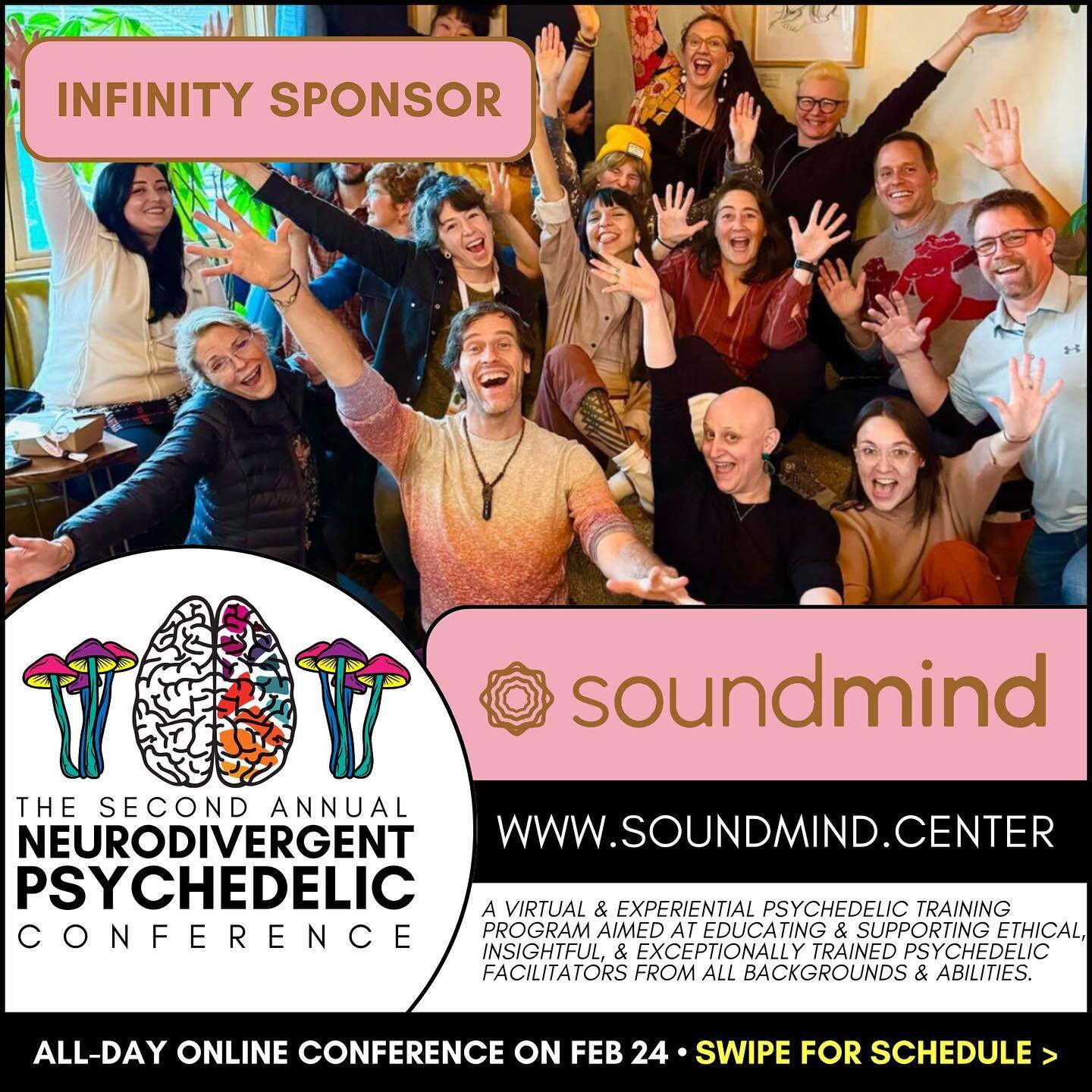 Join us tomorrow, February 24th, for the Second Annual Neurodivergent Psychedelic Conference! 

SoundMind is a proud sponsor of @ndpsychedelic 🤗  Conversations and education about community building, advocacy, embracing divergence, and much more wil