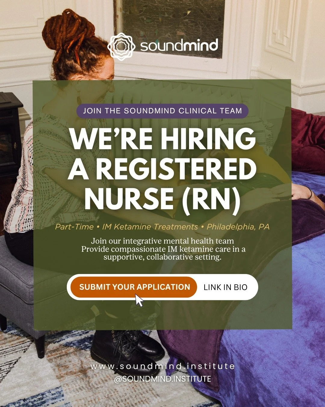 Join Our Team at SoundMind 🌿

We&rsquo;re looking for a Registered Nurse (RN) to support our Philadelphia clinic, providing IM ketamine treatments in a collaborative and heart-centered environment. 

If you&rsquo;re passionate about integrative ment